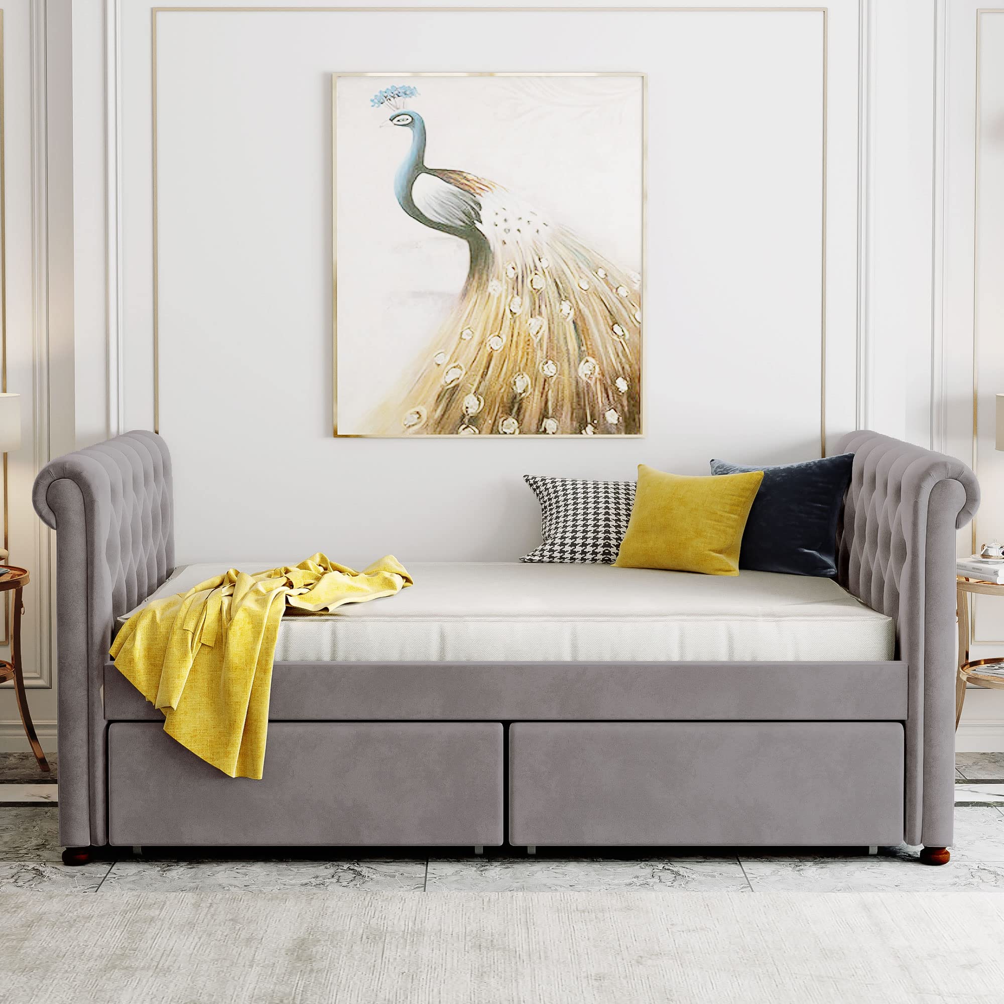 Twin Upholstered Daybed with 2 Drawers, Wood Sofa Bed Frame for Kids Teens Boys Girls - Gray | Perfect for Small Spaces, Guest Rooms & Kids' Bedrooms