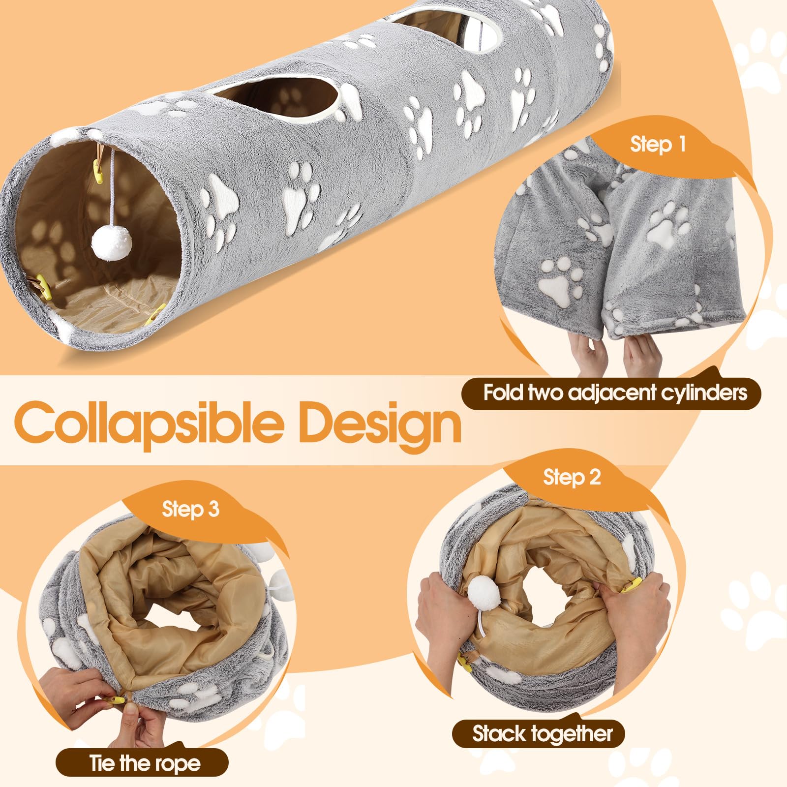 IPetStation Straight Cat Tunnel for Indoor Cats - Collapsible Plush Play Tunnel with Toy Ball for Kittens, Puppies, Bunnies & Small Dogs (Cat Print) | Fun Interactive Pet Toy for Exercise & Playtime