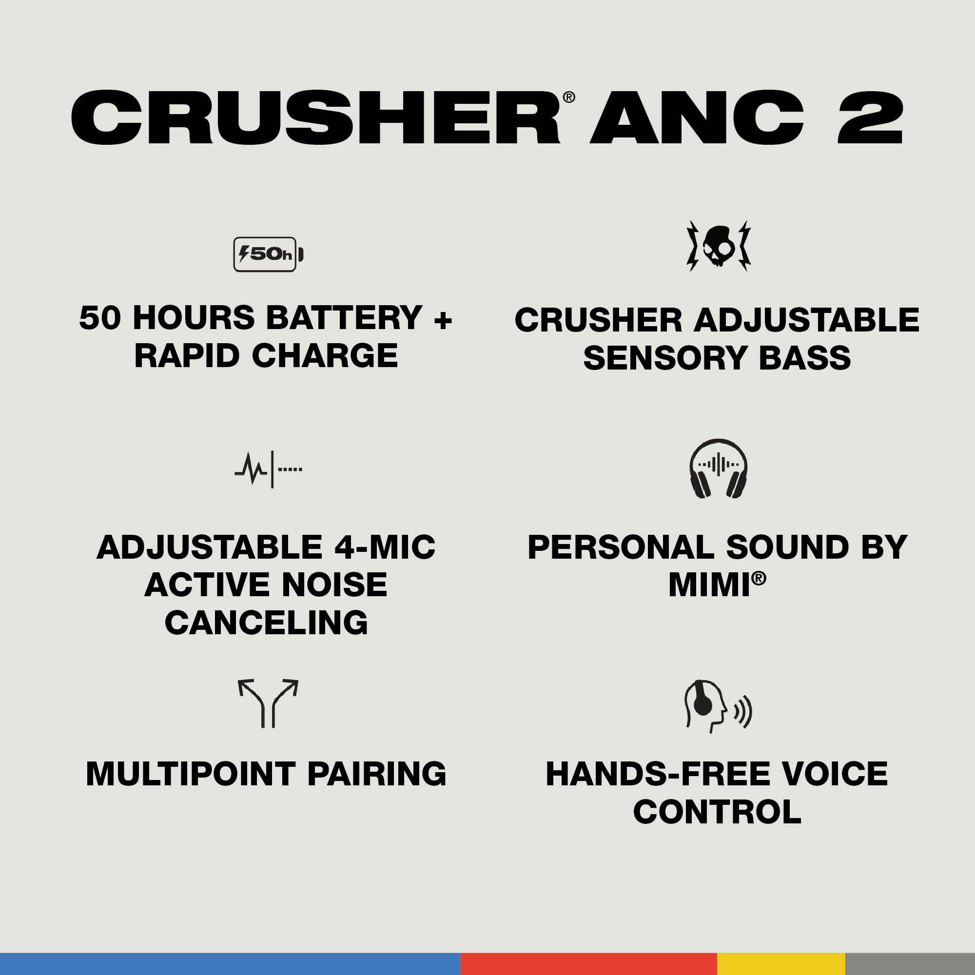 Skullcandy Crusher ANC 2 Wireless Over-Ear Headphones with Active Noise Cancelling, Sensory Bass, 50-Hour Battery, Skull-iQ, Alexa Built-in, Bluetooth 5.0 - Black | Perfect for Travel, Gaming & Music Lovers