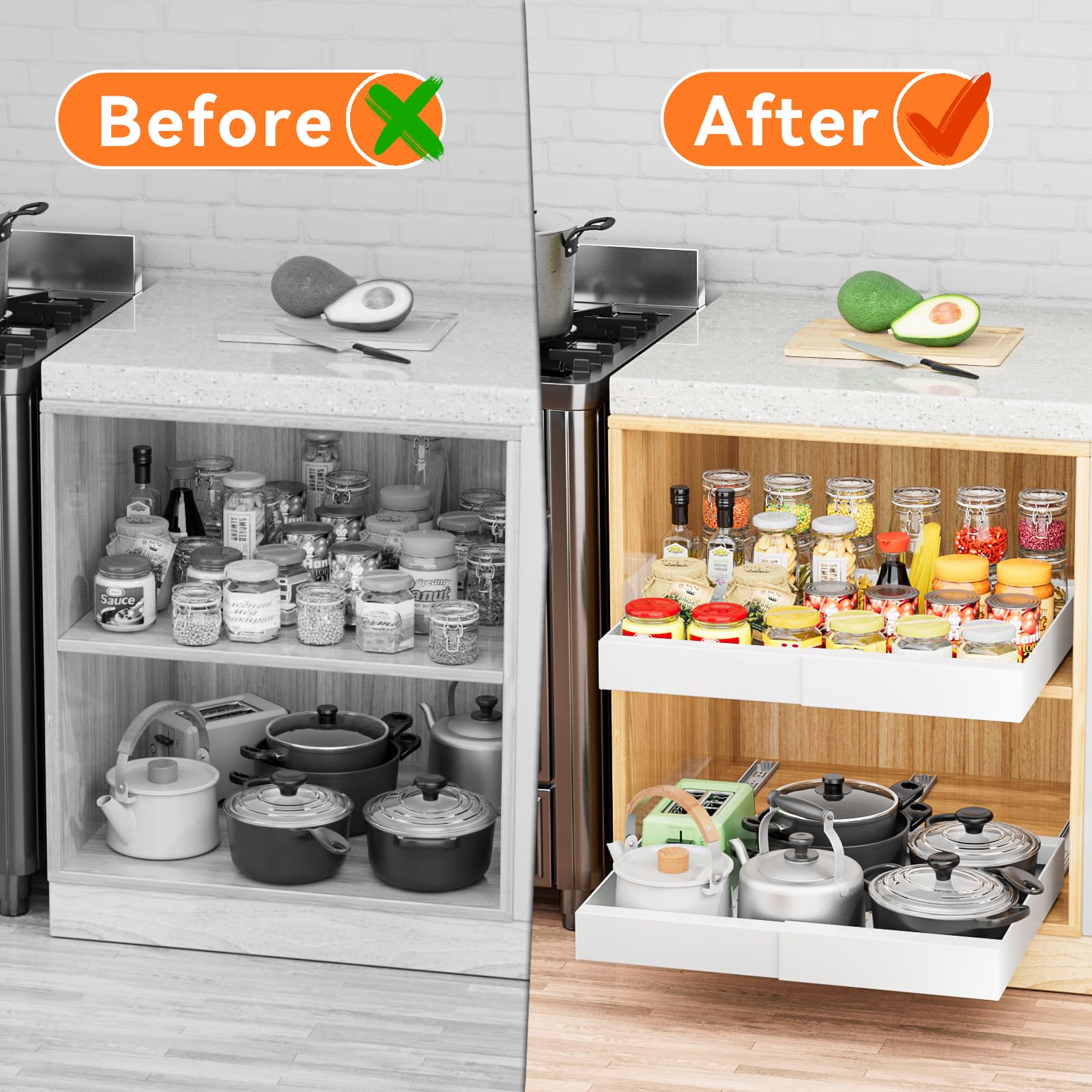 Expandable Pull Out Cabinet Organizer - Slide Out Kitchen Drawer with 4 Adjustable Dividers for Pantry, Bathroom & Under Sink Storage (12.2