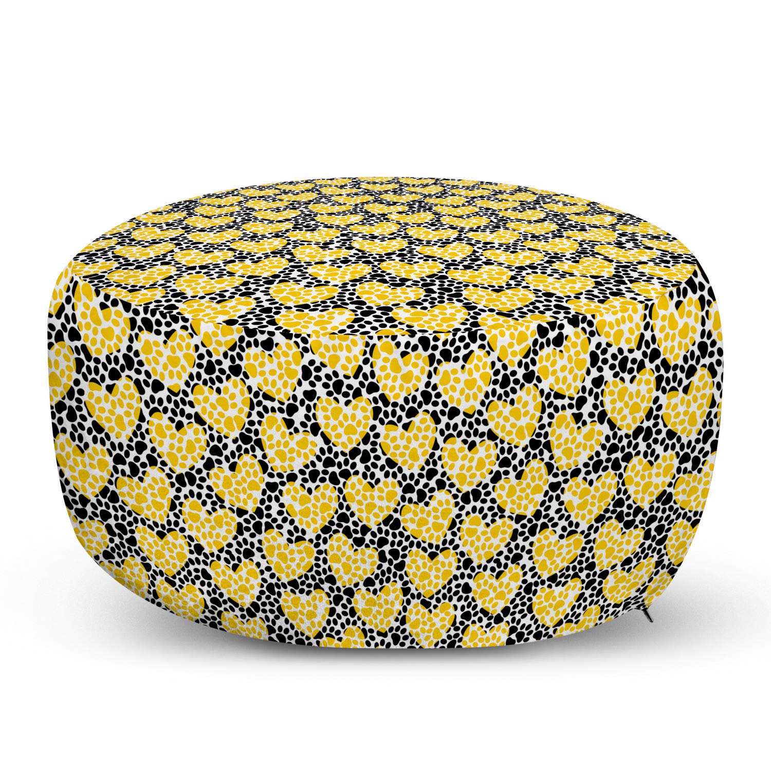 Ambesonne Hearts Ottoman Pouf - Dog Paw Print Cartoon Design with Heart Background - Soft Foot Rest with Removable Cover for Living Room & Bedroom - Yellow Grey - Perfect for Home Decor, Pet Lover Gift, and Cozy Seating
