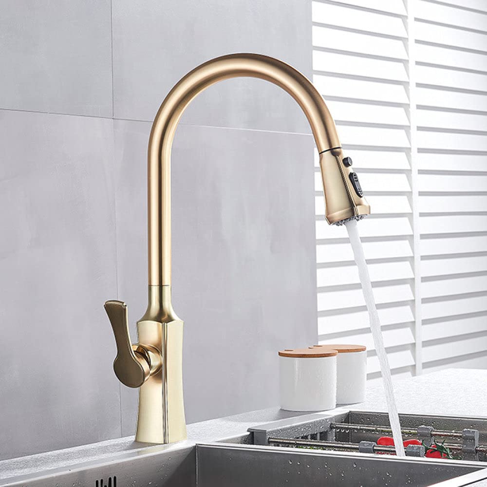 CAIDAI&YL Brushed Gold Kitchen Faucet - Pull Out Sprayer with 2 Functions, Hot and Cold Water Mixer, Durable Brass Construction - Perfect for Modern Kitchens and Restaurant Prep Areas