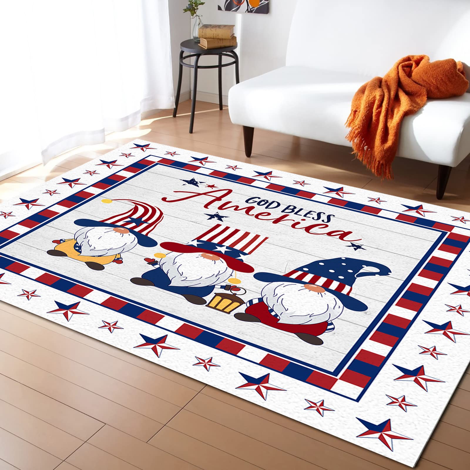 Non-Slip Patriotic Area Rug - 5' x 8' God Bless America Gnome Design Indoor Carpet with Rubber Backing for Living Room, Bedroom & Dorm | USA Flag Themed Home Decor for 4th of July & Independence Day Celebrations