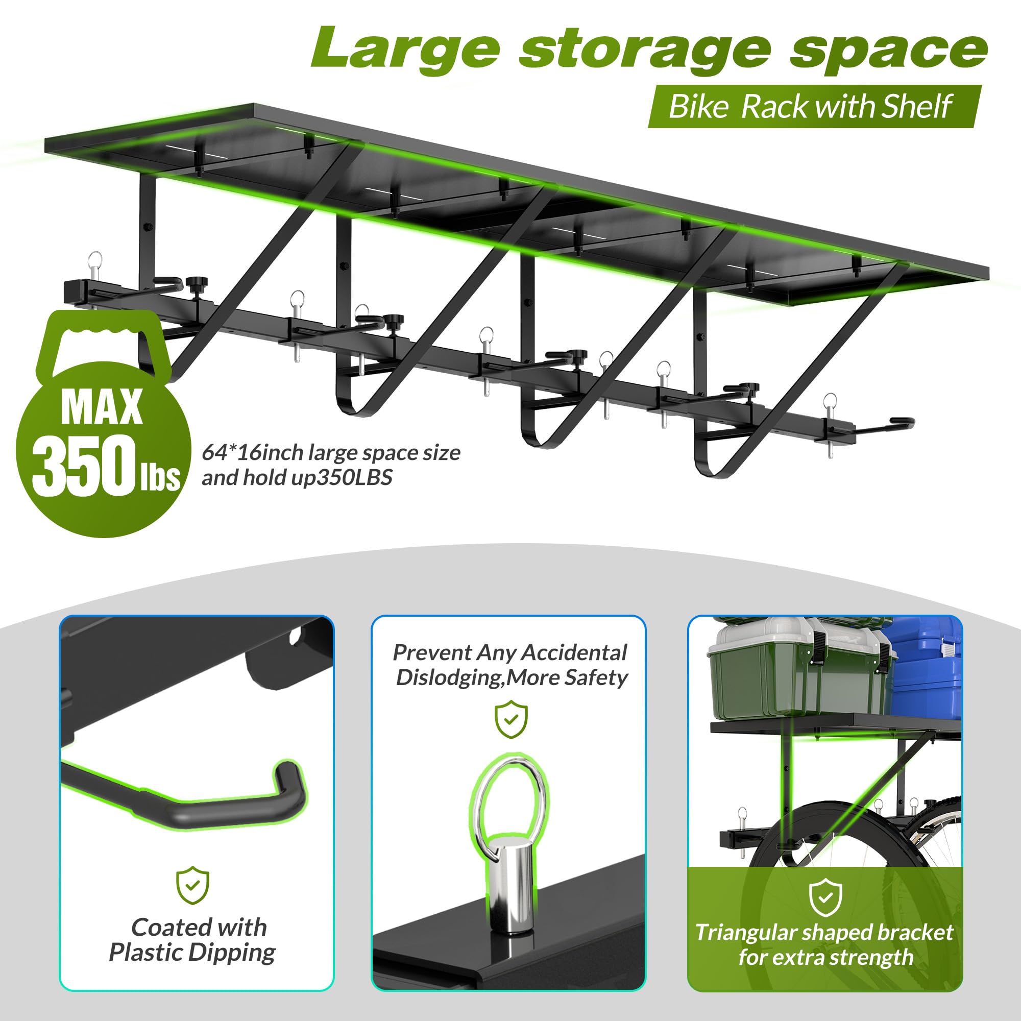 Bike Storage Rack with Shelf - Wall Mount Bike Hanger for Garage Organization | Space-Saving Bicycle Stand & Hook System | Perfect for Garage, Basement & Apartment Storage
