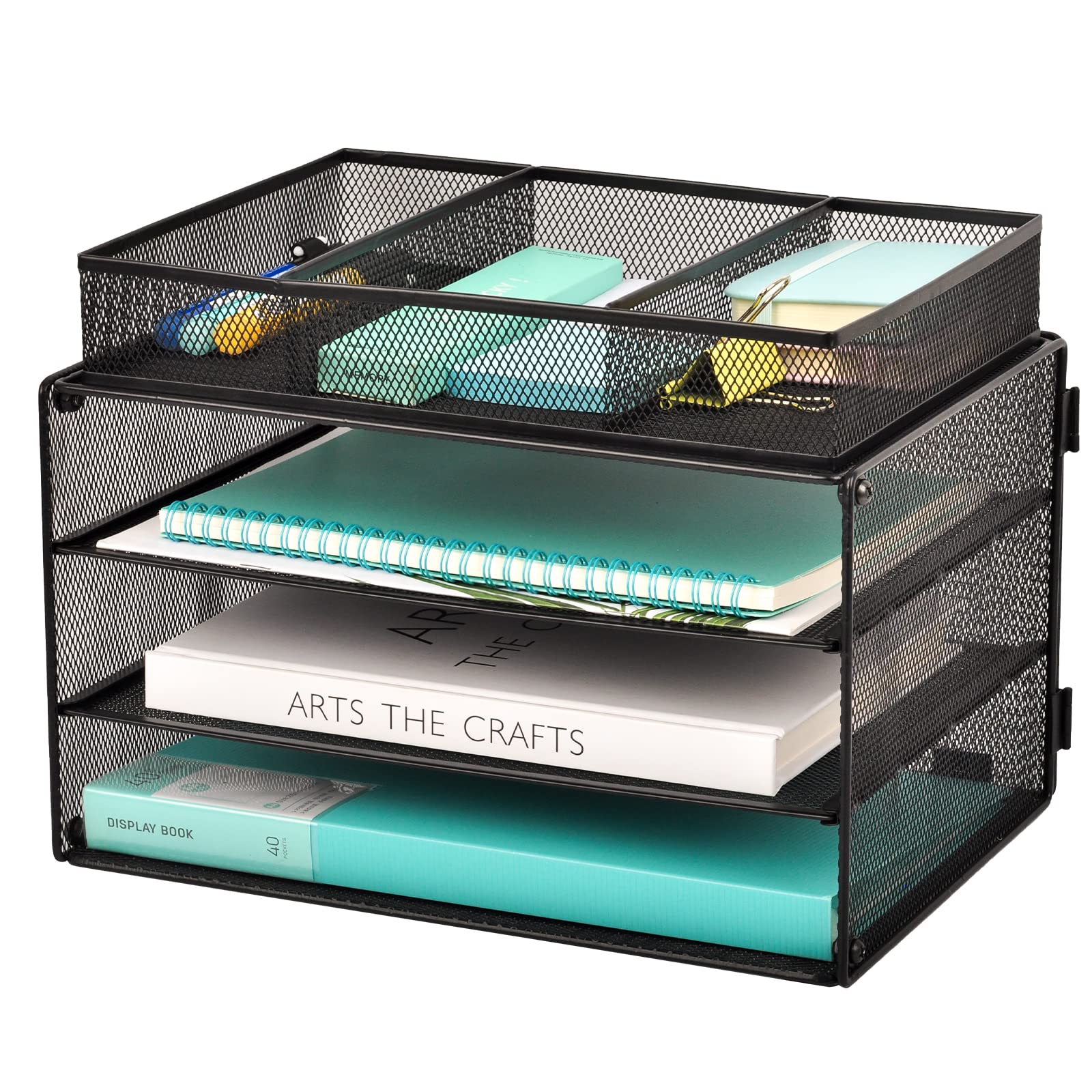 EASEPRES 3-Tier Mesh Paper Organizer Tray with Drawer - Black Desk File Organizer & Letter Sorter for Home Office - Perfect for Bills, Mail, Documents and Office Supplies Storage