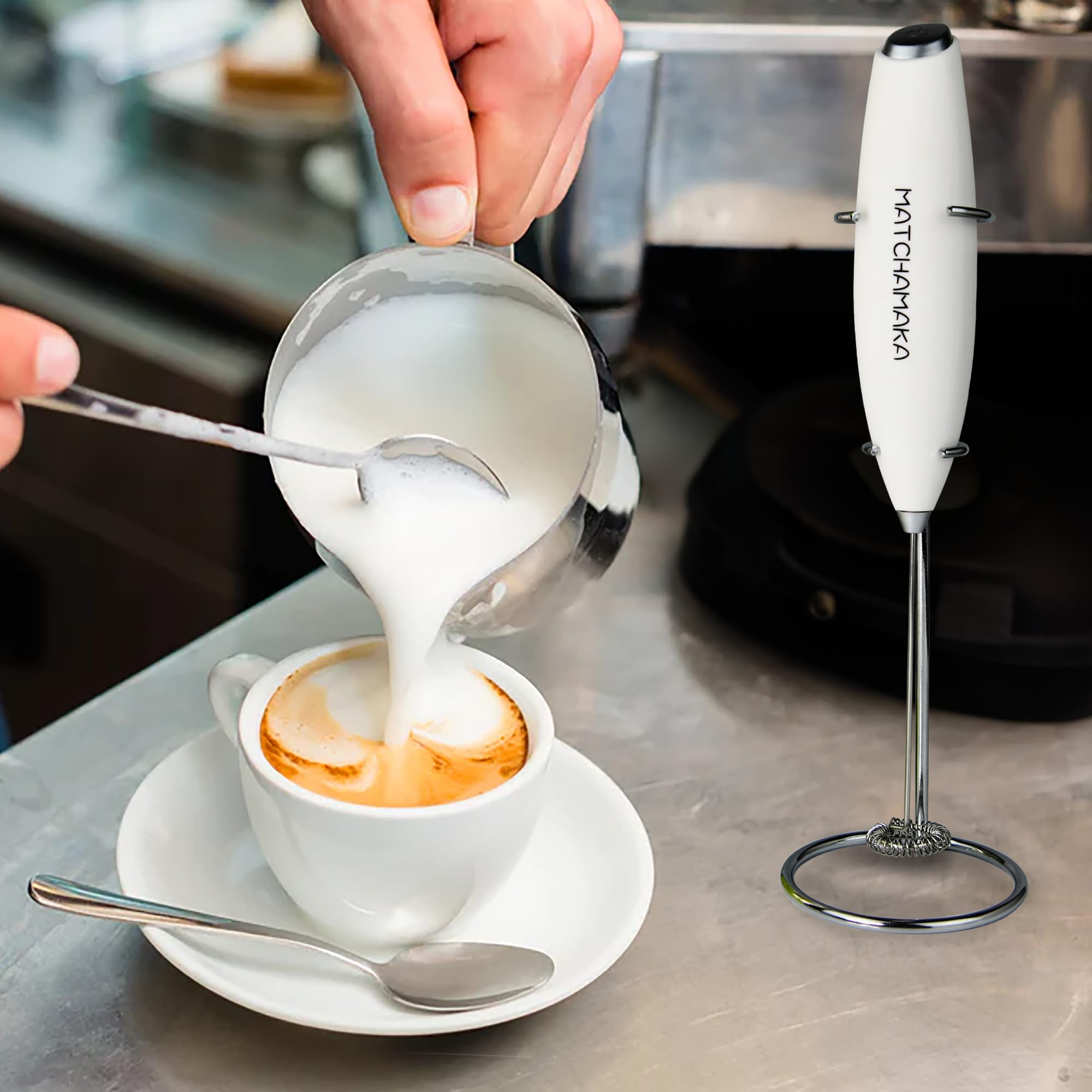 MATCHAMAKA Electric Milk Frother & Matcha Whisk - Powerful Handheld Foam Maker for Lattes, Cappuccino, Hot Chocolate & Frappe - Battery Operated Drink Mixer for Coffee & Matcha Green Tea Powder (White) - Perfect for Home, Office & Café Use