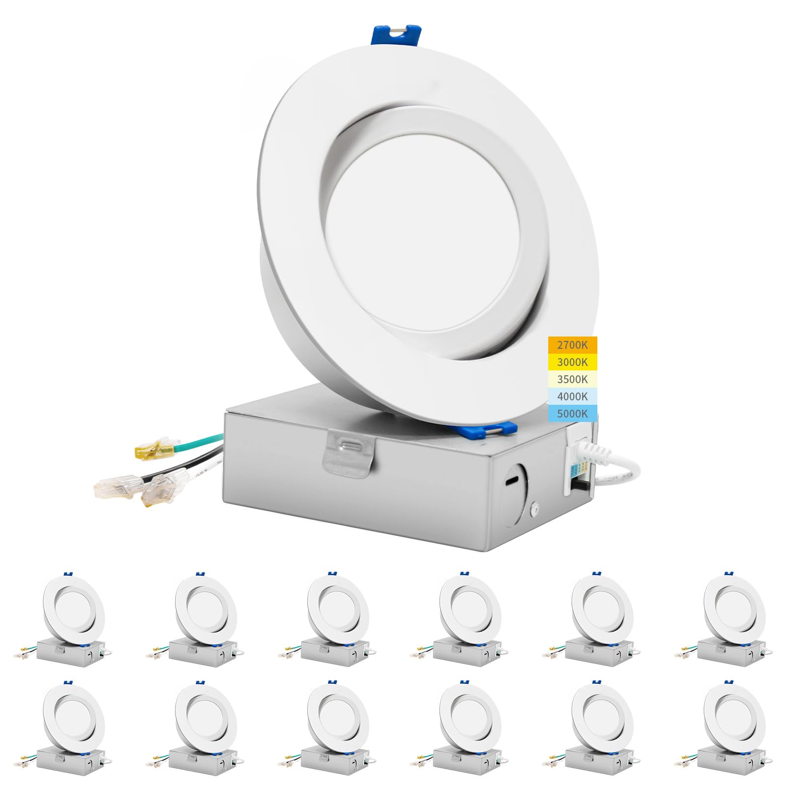 12 Pack 6 Inch LED Recessed Lights with Junction Box - 5 CCT Selectable (2700K-5000K), 12W 800lm, CRI 90+, Dimmable, IC Rated, ETL Certified - Perfect for Living Room, Kitchen, Bedroom, and Commercial Spaces