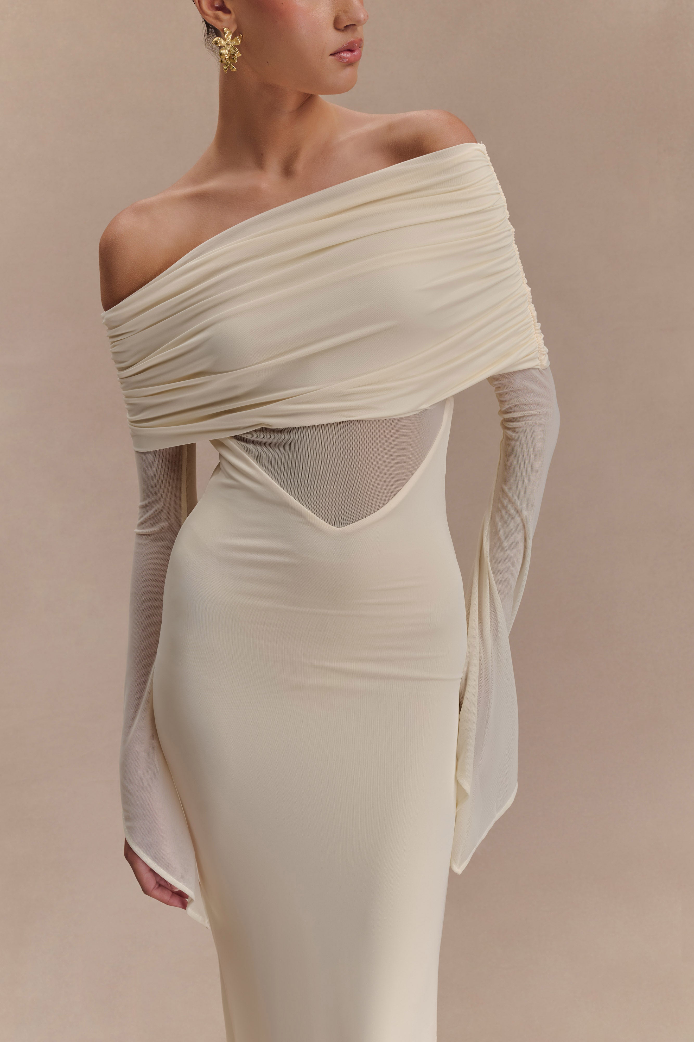 Kaitlin One Shoulder Slinky & Mesh Maxi Dress Ivory - Elegant Evening Gown for Prom, Wedding & Special Occasions