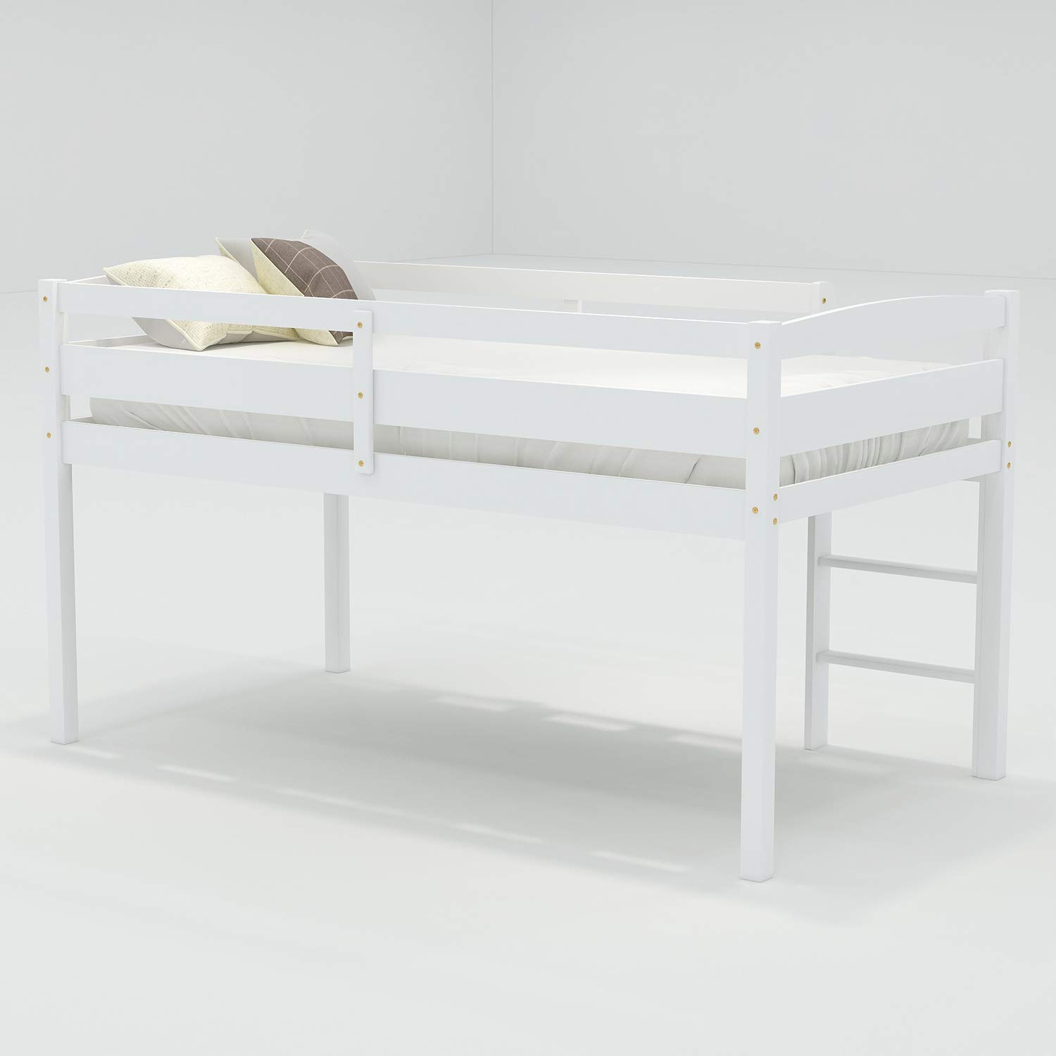 Harper & Bright Designs Low Loft Bed Twin Size - Sturdy Wooden Loft Bed Frame with Ladder & Safety Guardrails for Kids, Teens & Toddlers (White) - Perfect for Small Bedrooms, Dorms & Space-Saving Kids' Rooms