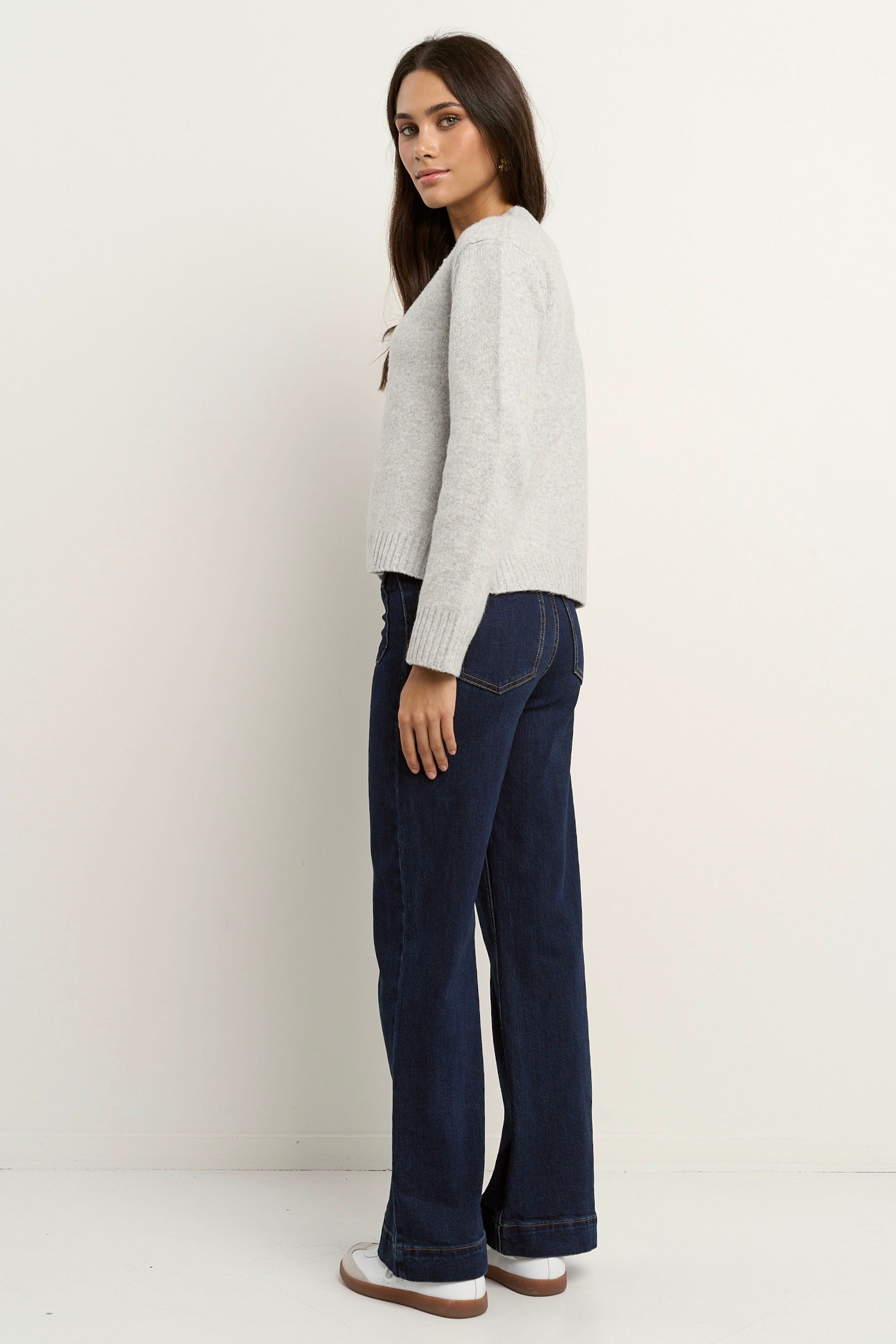 Crest Light Grey Marble Crewneck Cardigan for Women - Soft Knit Sweater for Casual Wear, Office Outfits & Fall Layering