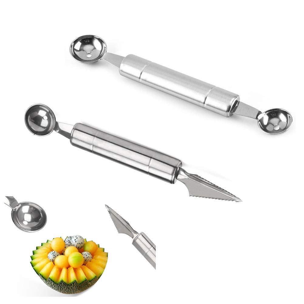 Premium Stainless Steel Melon Baller Scoop Set - Dual-Purpose Fruit Carving Knife & Ice Cream Scoop - Dishwasher Safe - Perfect for Fruit Platters, Cocktail Garnishes & Dessert Serving