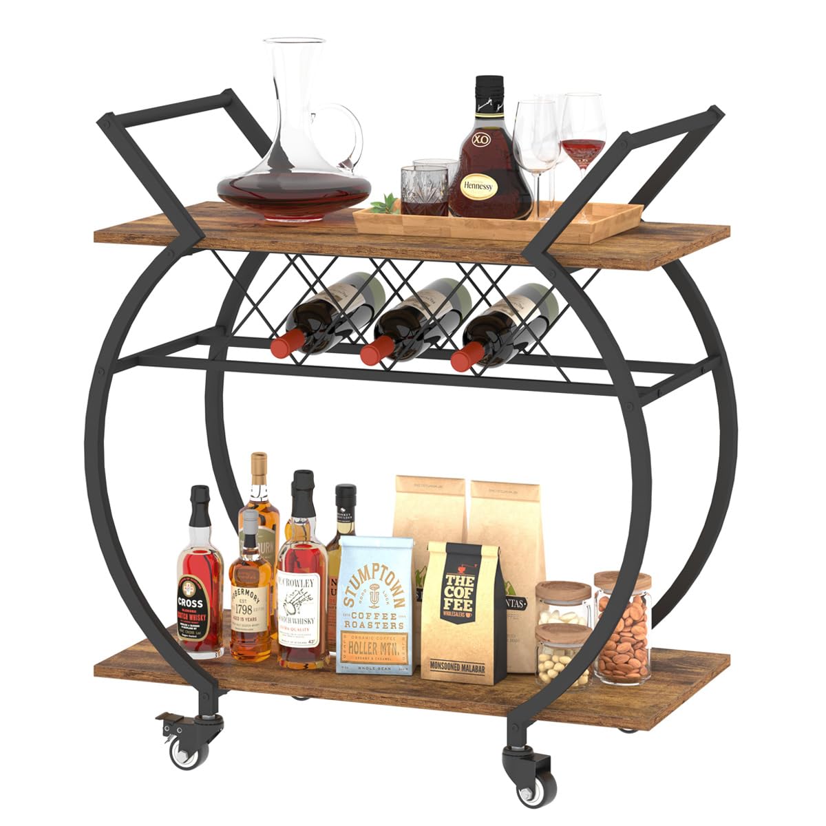 LVB Industrial Kitchen Bar Cart with Wheels - Farmhouse Style Wood & Metal Rolling Beverage Serving Cart with Storage Shelf - Rustic Brown Drink Cart for Home, Living Room, Dining Room - Perfect for Wine Storage, Cocktail Parties & Microwave Placement