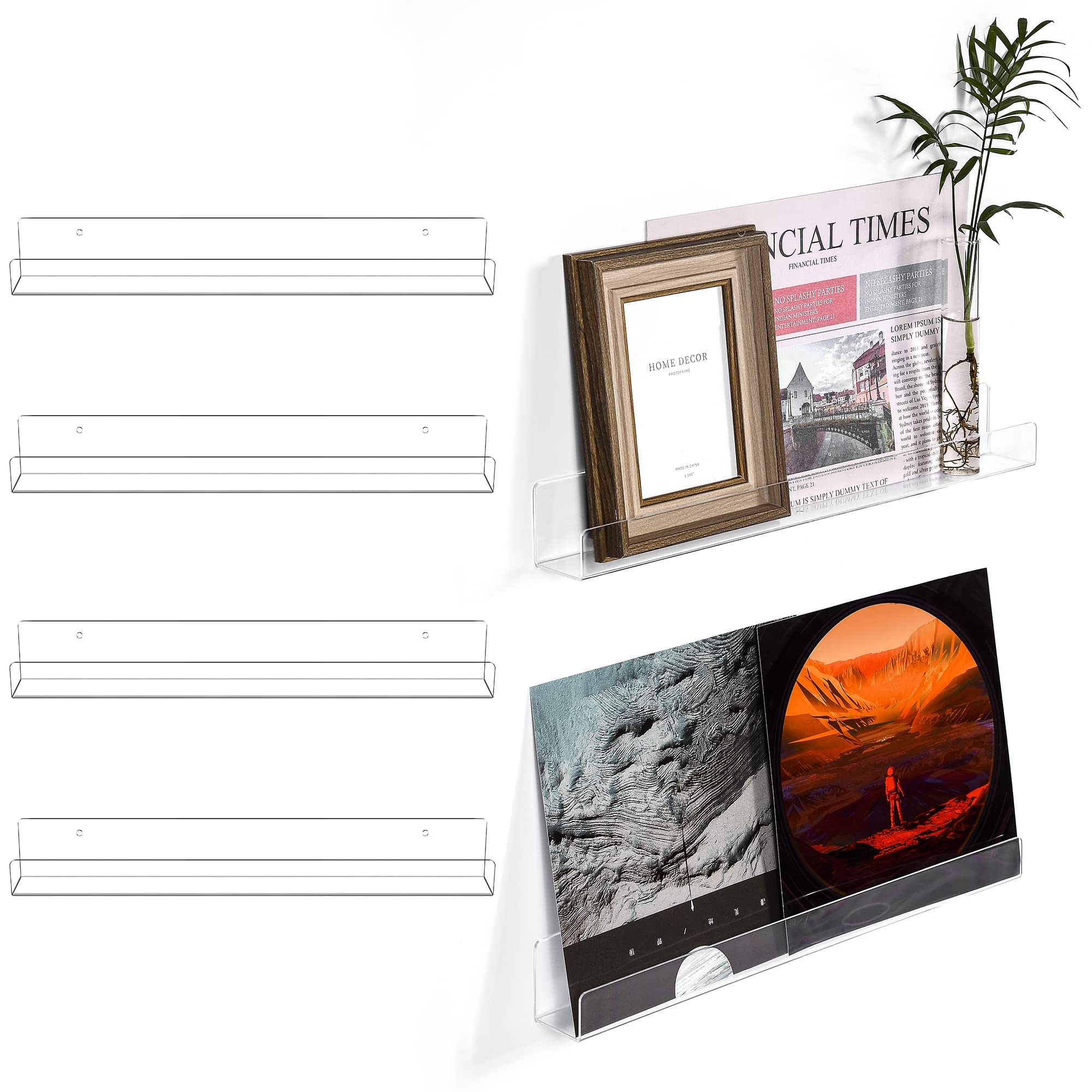 MITIME 4-Pack 15-Inch Clear Acrylic Floating Bookshelves - Invisible Wall-Mounted Display Shelves for Kids Room, Vinyl Records, Picture Frames & Nail Polish Organizer | Space-Saving Storage Solution for Bedroom, Nursery & Office Decor
