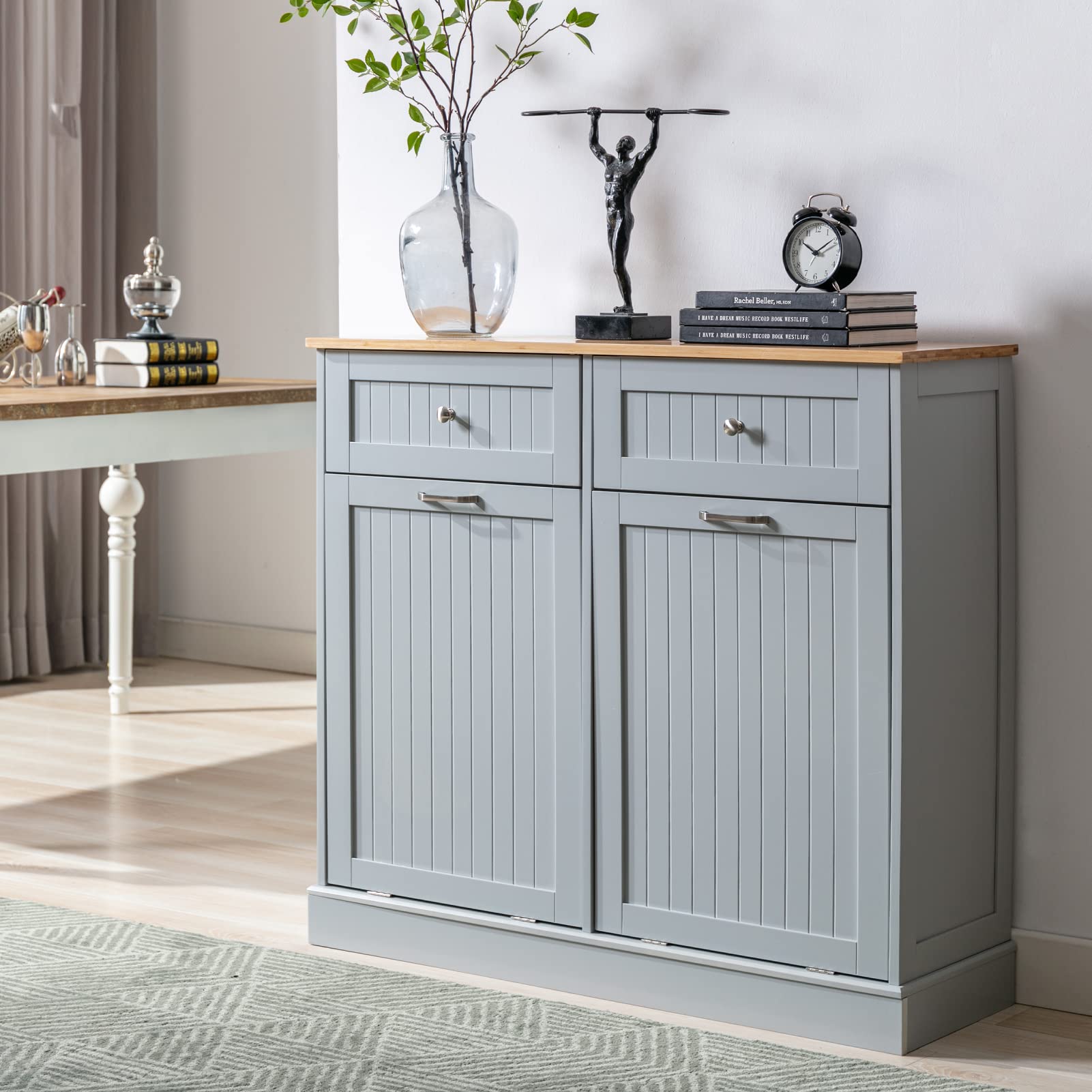 20 Gallon Double Trash Cabinet with Tilt-Out Drawers - Pet Proof Kitchen Waste Station, Wooden Recycling Hideaway with Built-in Cutting Board & Laundry Hamper (Grey) - Perfect for Kitchens, Laundry Rooms & Garages