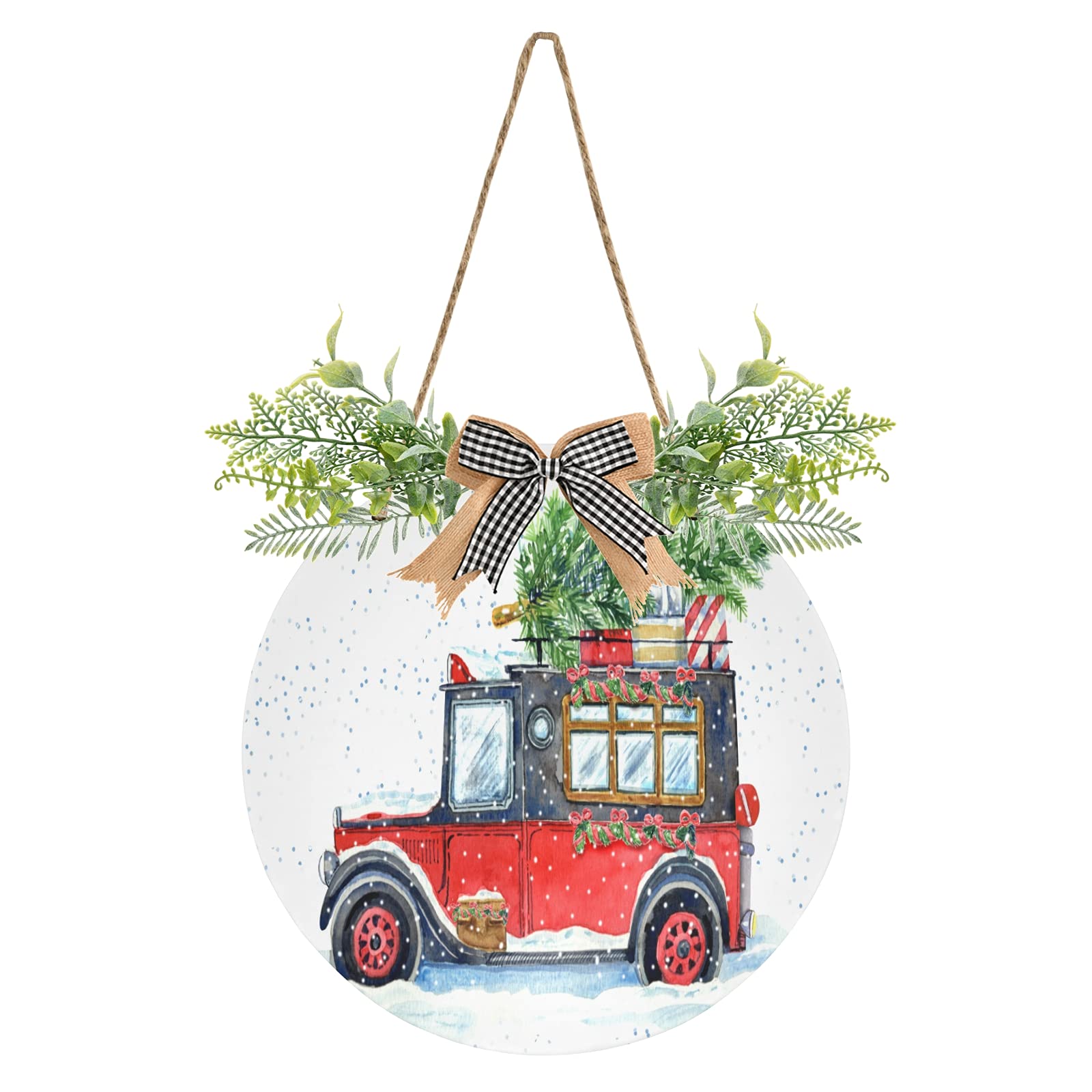 Vintage Red Christmas Wreath - Round Holiday Door Hanging Decor for Porch, Front Door & Car - Outdoor Winter Xmas Decoration for Home & Party Celebrations