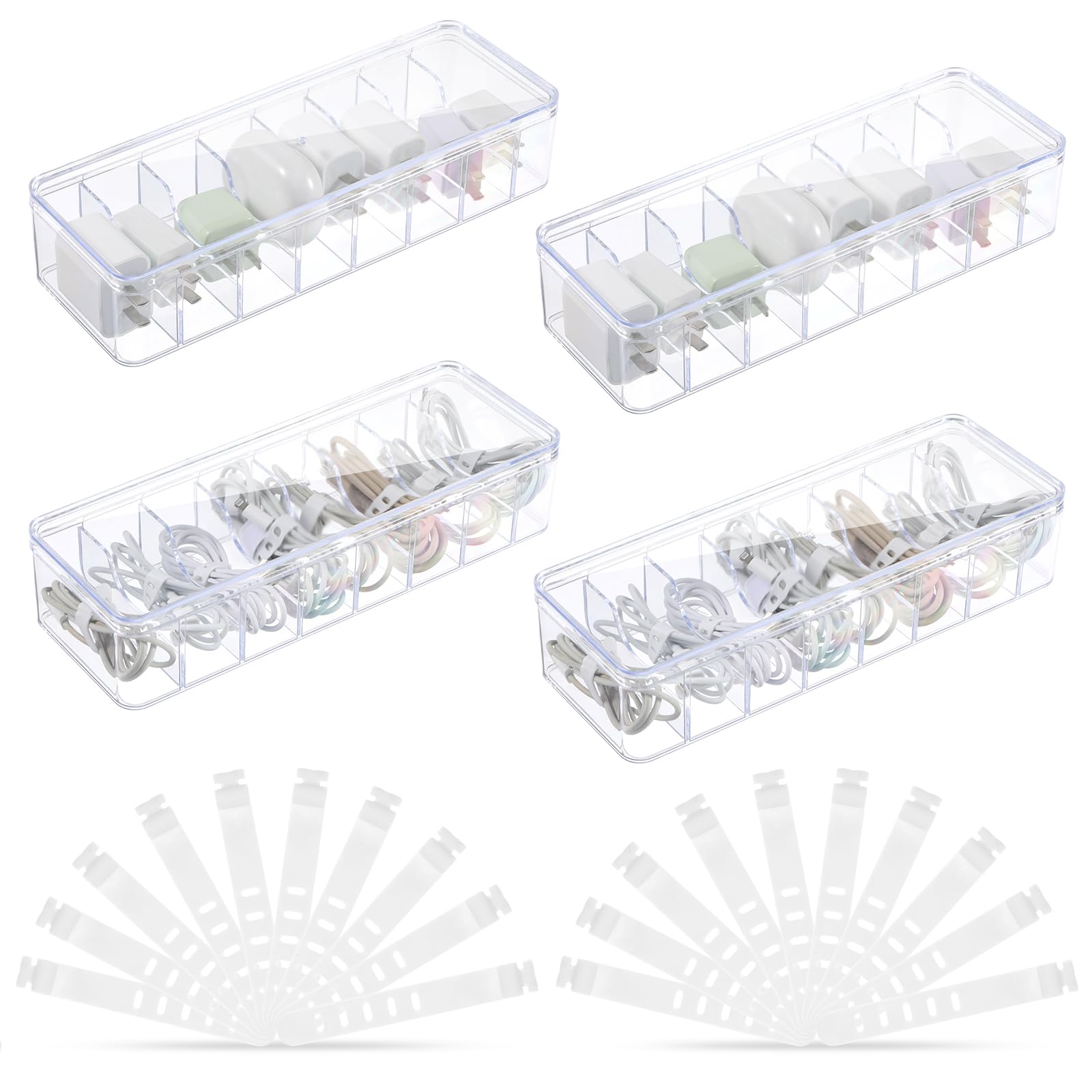 4-Pack Large Clear Plastic Cable Organizer Box with Lid & 20 Wire Ties - Cord Storage Solution for Electronics, Chargers, Home Office & Desk Organization - Perfect for TV Wires, Computer Cables & Charging Stations