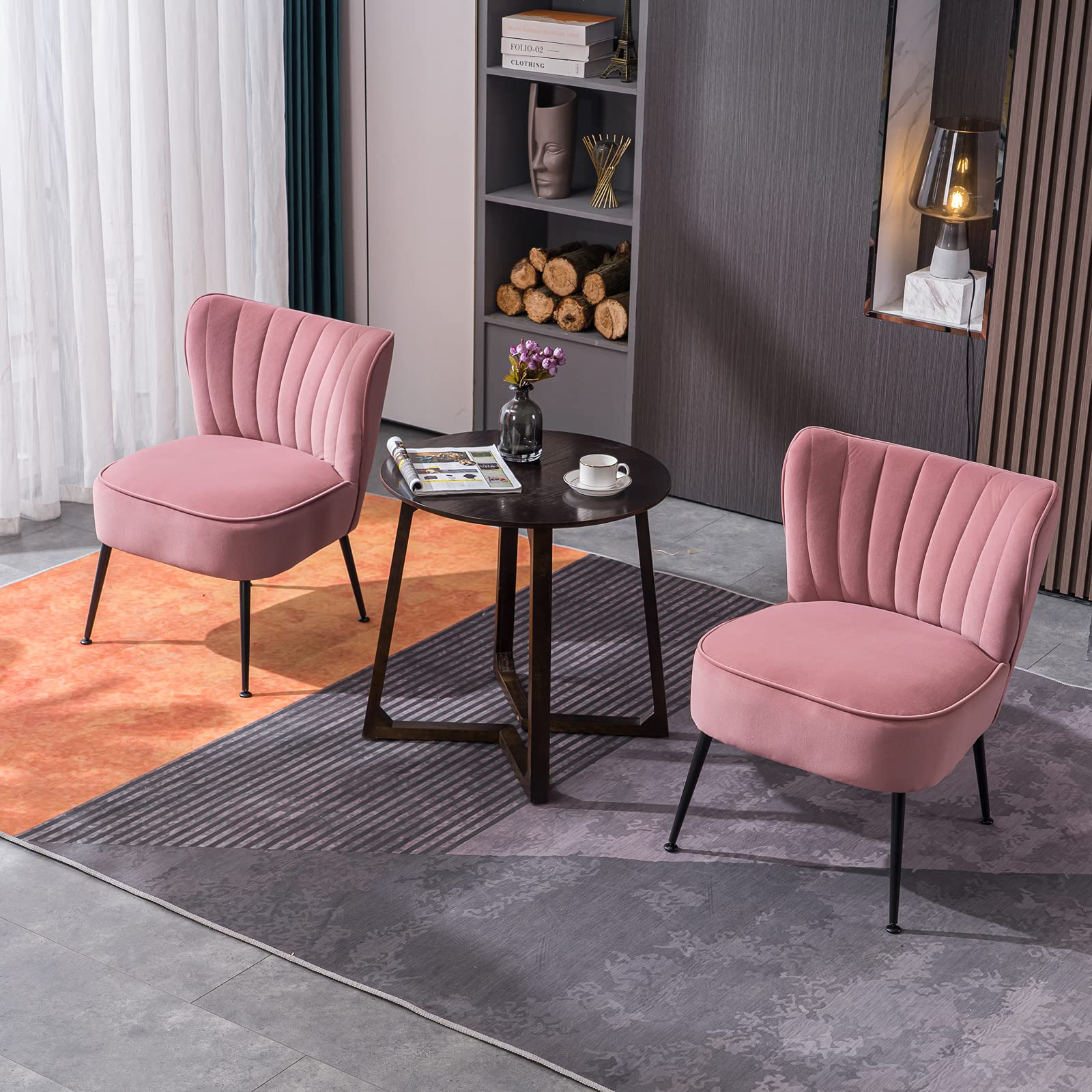 Modern Velvet Accent Chair Set of 2 - Armless Upholstered Side Chairs with Adjustable Metal Legs for Living Room, Bedroom & Home Office - Soft Pink Reading Corner Chairs - Easy Assembly & Stylish Decor