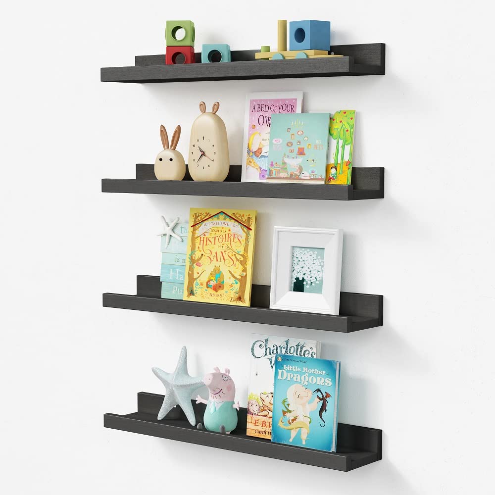 Forbena 23 Inch Black Floating Shelves Set of 4 - Rustic Wood Wall Shelves with Lip for Nursery, Kids Room, Bathroom & Living Room - Perfect for Books, Photos, Frames & Decor - Easy Installation Home Office Organization Solution