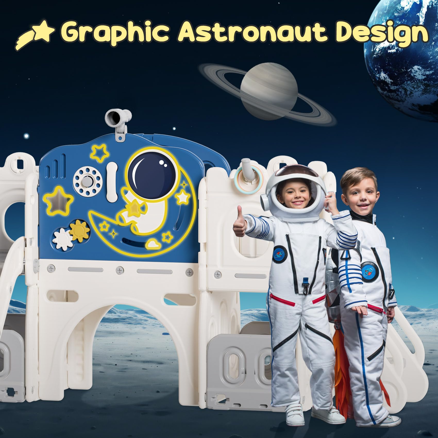 BIERUM 12-in-1 Astronaut Themed Toddler Slide Playset for Kids Ages 1-3 - Interactive Baby Slide with Basketball Hoop, Ring Toss & Space Decor (Blue-Gray) - Perfect for Indoor Playrooms, Backyards & Preschool Activities