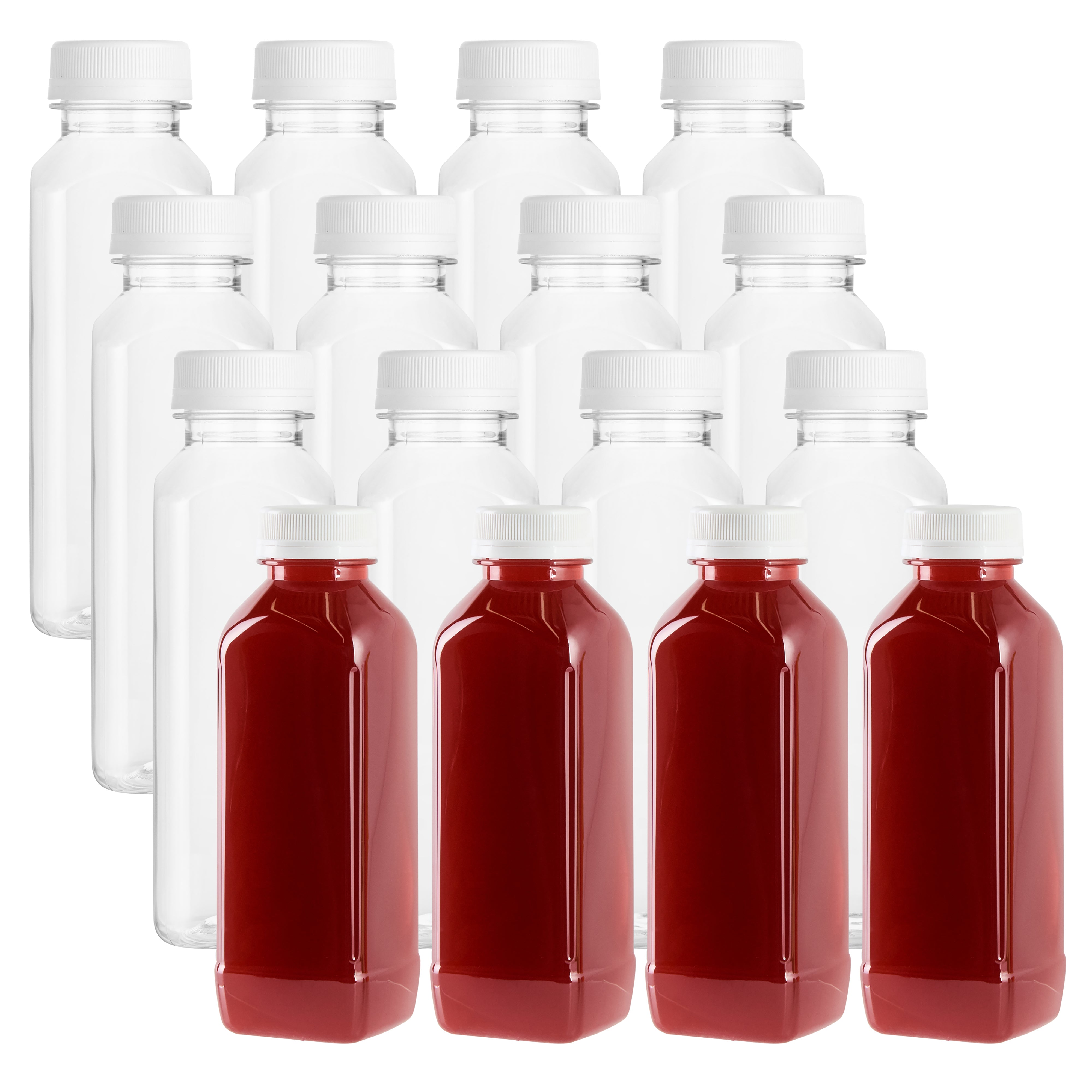 16 oz Square Clear Plastic Cold Pressed Juice Bottles with Safety Cap - 2.25