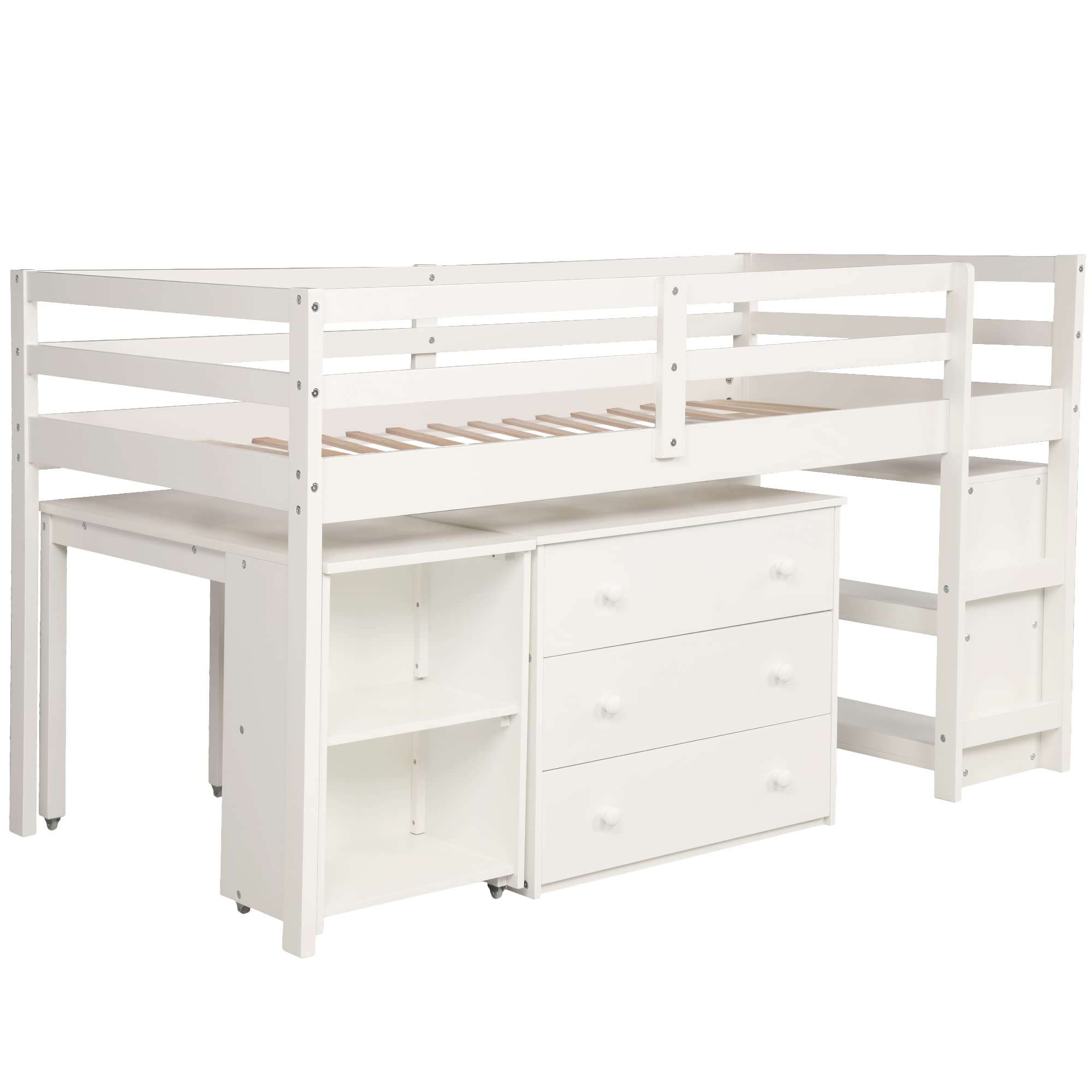 Twin Size Loft Bed with Desk and Cabinet - Low Study Loft Bed Frame with Rolling Portable Desk - Space-Saving Kids and Teens Loft Bed (White) - Perfect for Small Bedrooms, Dorm Rooms, and Home Offices