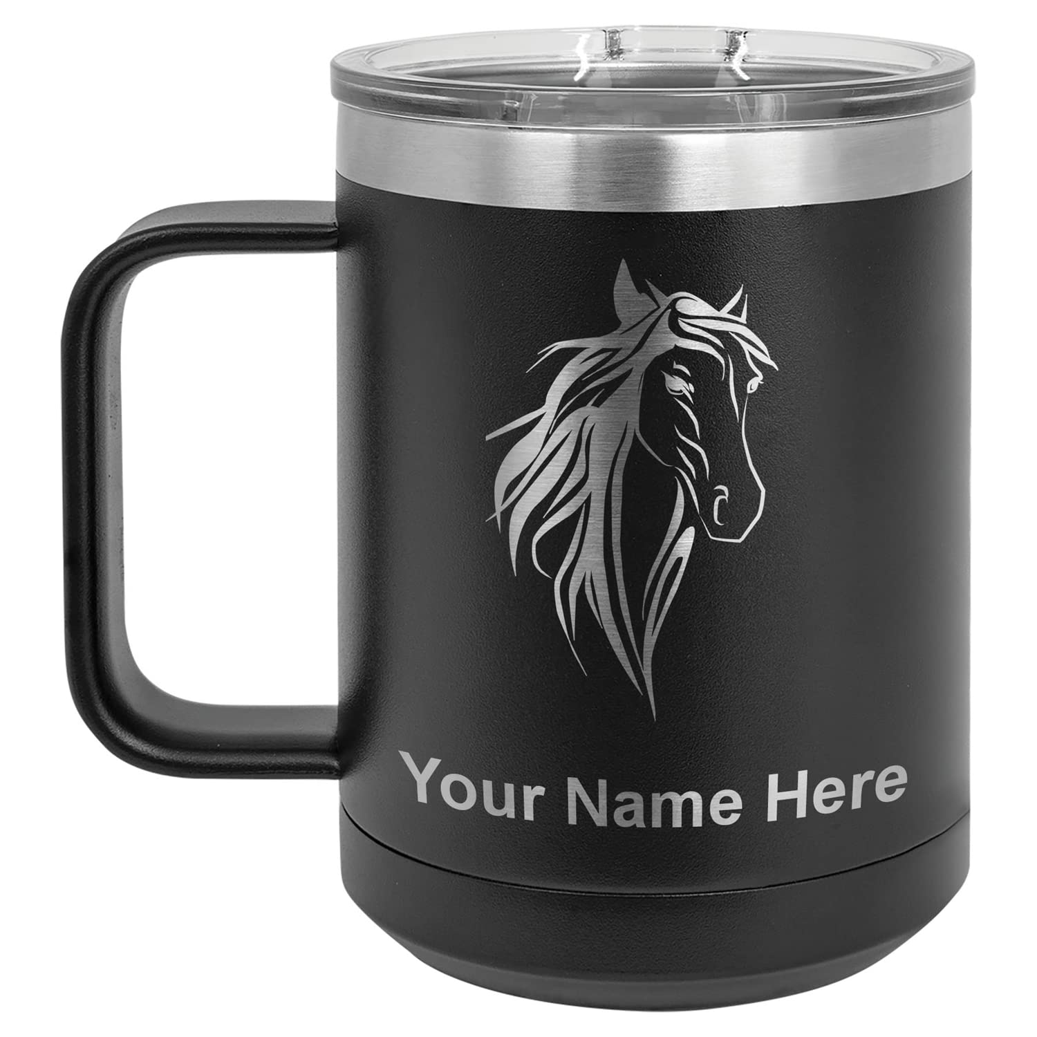 LaserGram 15oz Vacuum Insulated Stainless Steel Coffee Mug with Horse Head Design - Personalized Engraving Gift for Men Women - Keeps Drinks Hot/Cold for Hours - Perfect for Office, Travel, Camping & Outdoor Activities (Black)