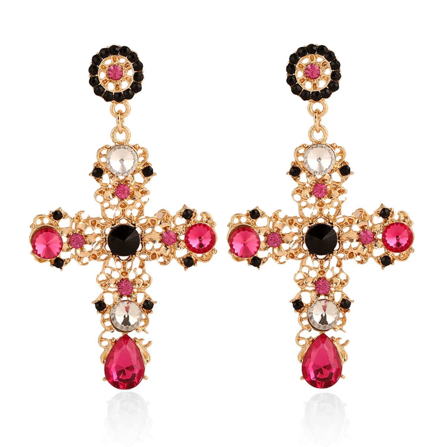 Stylish Gold Cross Red Heart Crystal Drop Earrings for Women & Teens - Elegant Baroque Hollow Dangle Earrings for Parties, Gifts & Everyday Wear