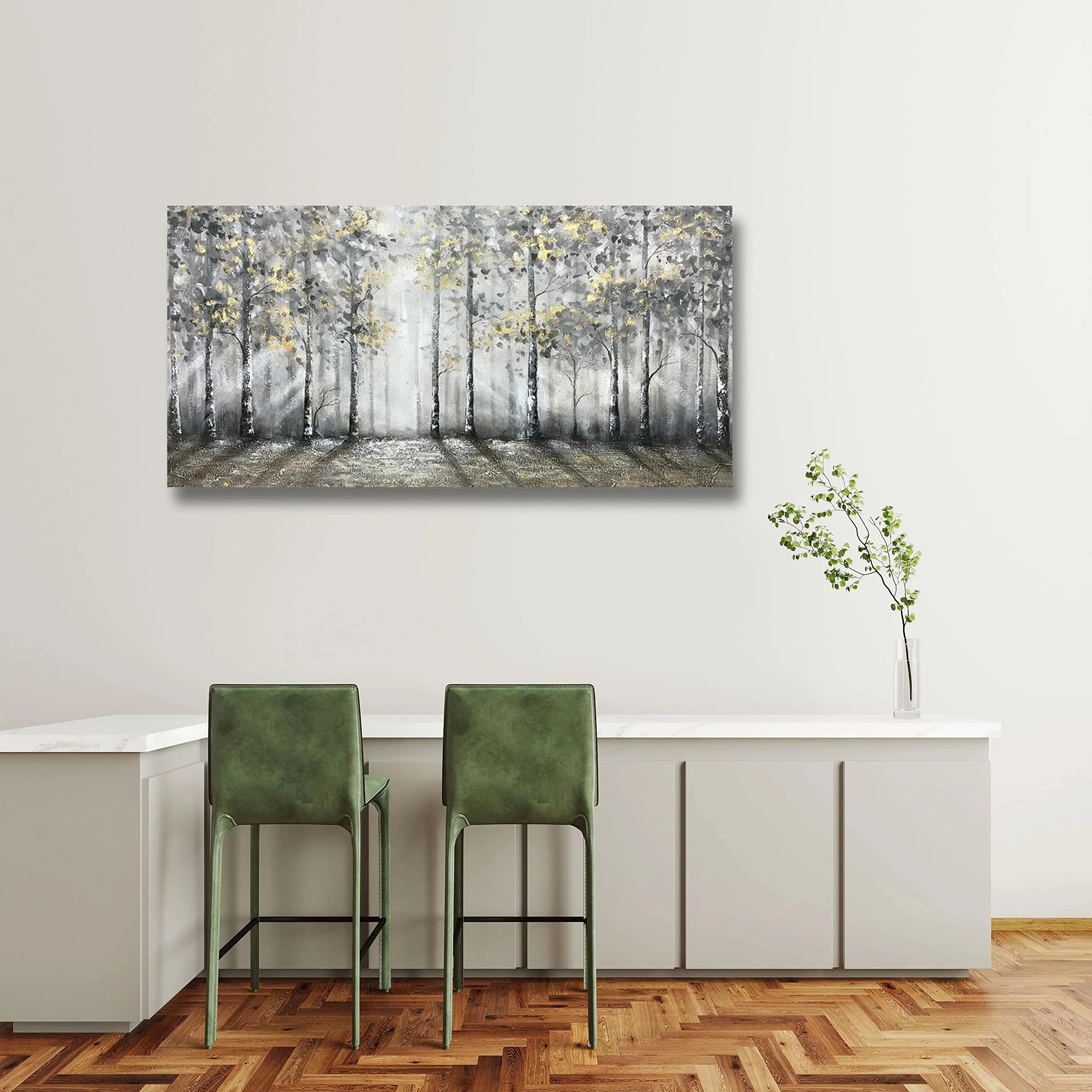 V-inspire Art - 24x48 Inch Hand-Painted Modern Impressionist Tree Oil Painting on Canvas | Large Gray Wall Decor for Living Room, Bedroom & Office | Acrylic Knife Painting Technique