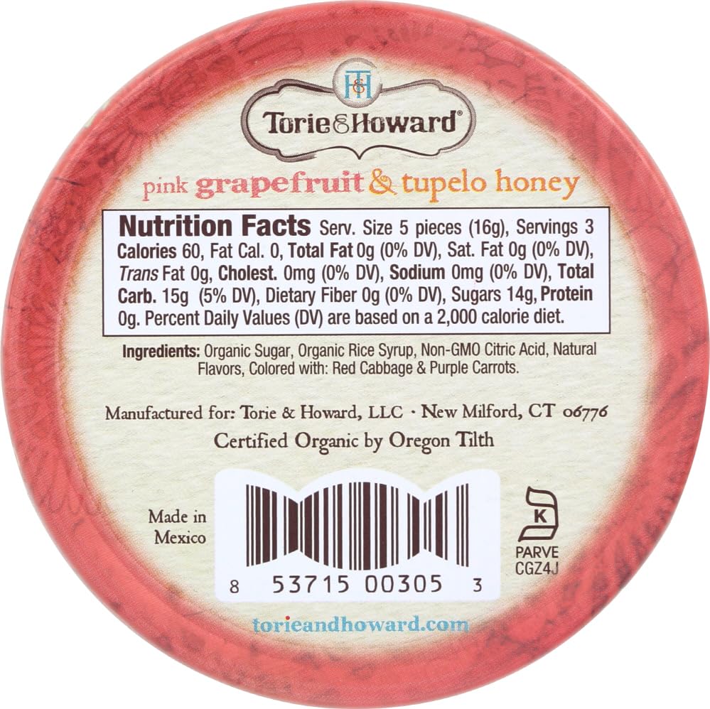 Torie & Howard Organic Hard Candy - Pink Grapefruit & Tupelo Honey Flavor, 2 oz (Pack of 2) | All-Natural Snacks for Office, Travel & Home | Vegan, Gluten-Free Treats