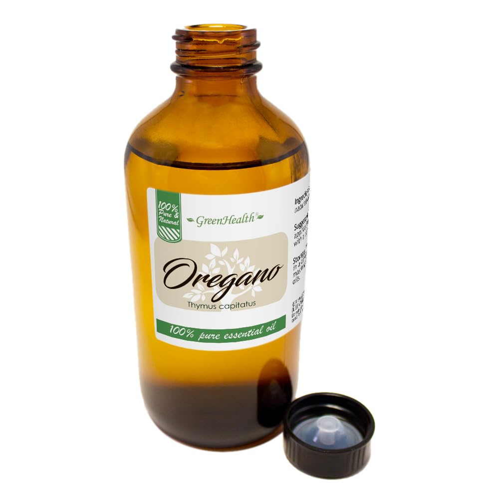 100% Pure Oregano Essential Oil - 8 fl oz Amber Glass Bottle with Dropper Cap - USDA Organic, Undiluted Therapeutic Grade - GreenHealth - Perfect for Aromatherapy, Massage & Immune Support
