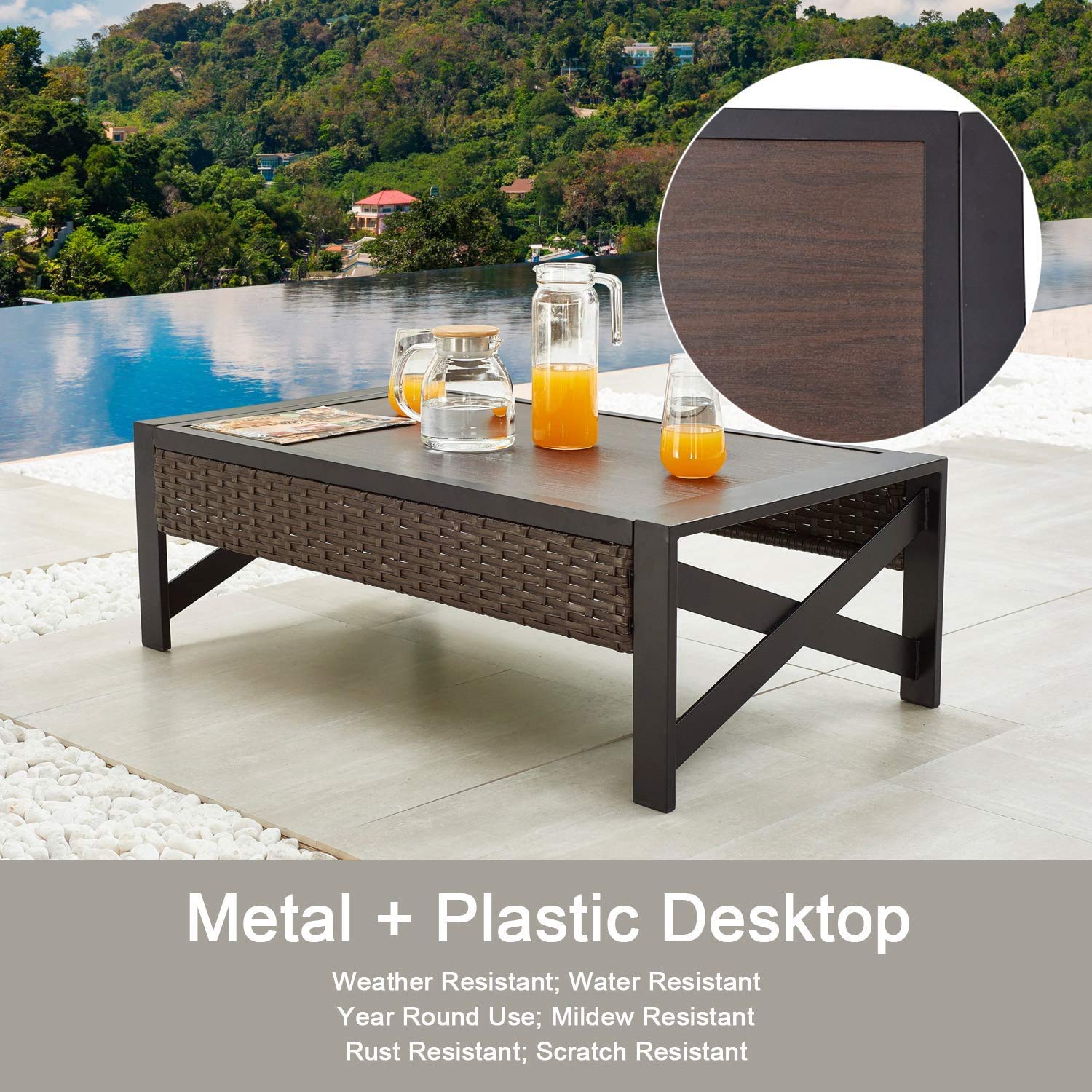 Outdoor Wicker Side Table - PE Rattan Square Coffee Table with Metal Frame for Patio, Garden, Porch, Poolside & Balcony - Perfect for Tea Time, Outdoor Dining & Relaxation (Brown)