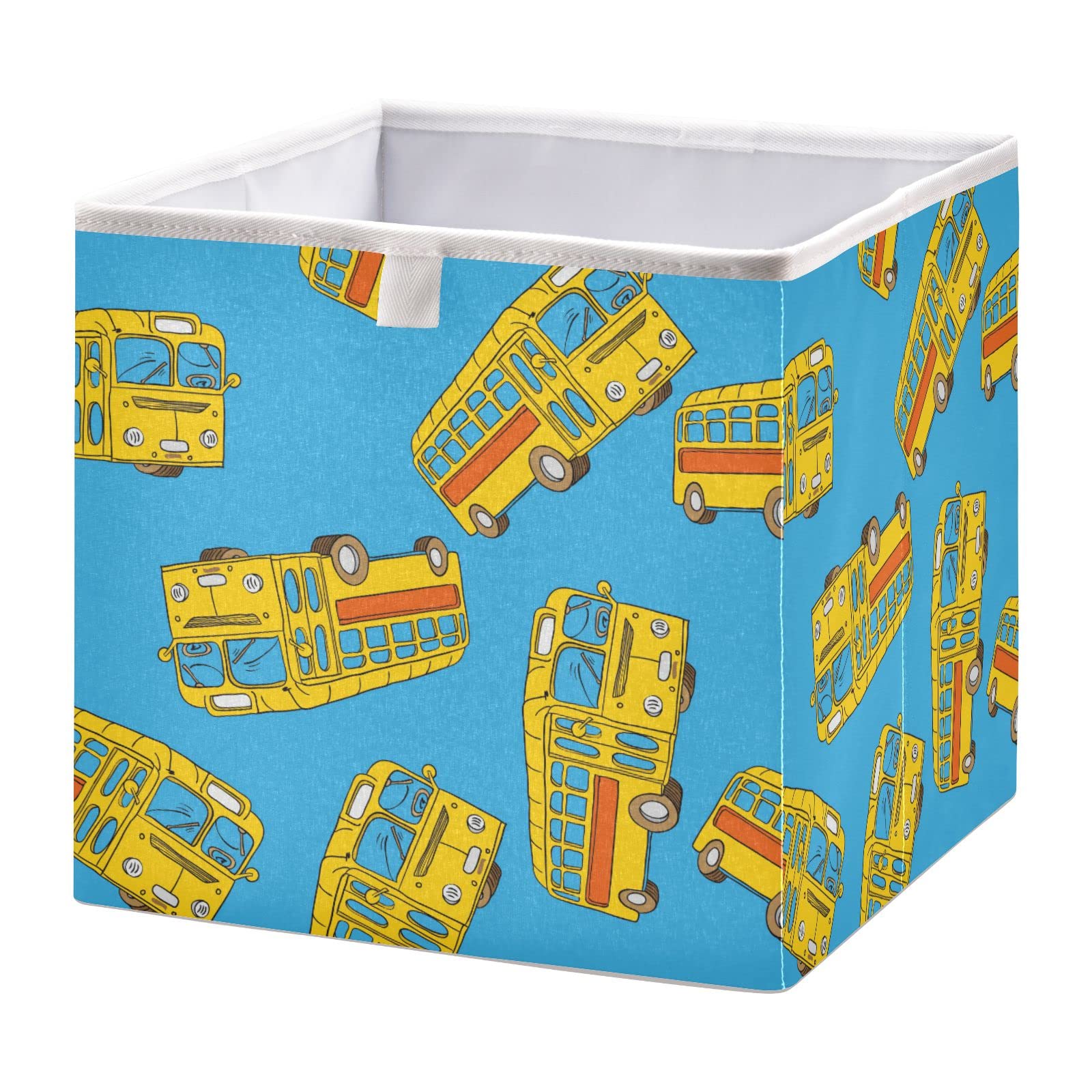 Ollabaky Foldable Fabric Storage Cube Basket - Yellow School Bus Design, Cloth Organizer Box with Handle for Closet, Nursery, Kids Room & Toy Storage | Perfect for Organizing Toys, Books & Baby Essentials