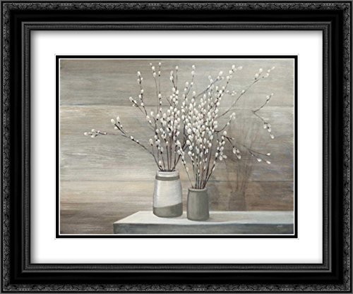 Julia Purinton 17x15 Black Ornate Framed Double Matted Museum Art Print - Pussy Willow Still Life with Gray Pots - Perfect for Living Room, Bedroom, or Office Wall Decor