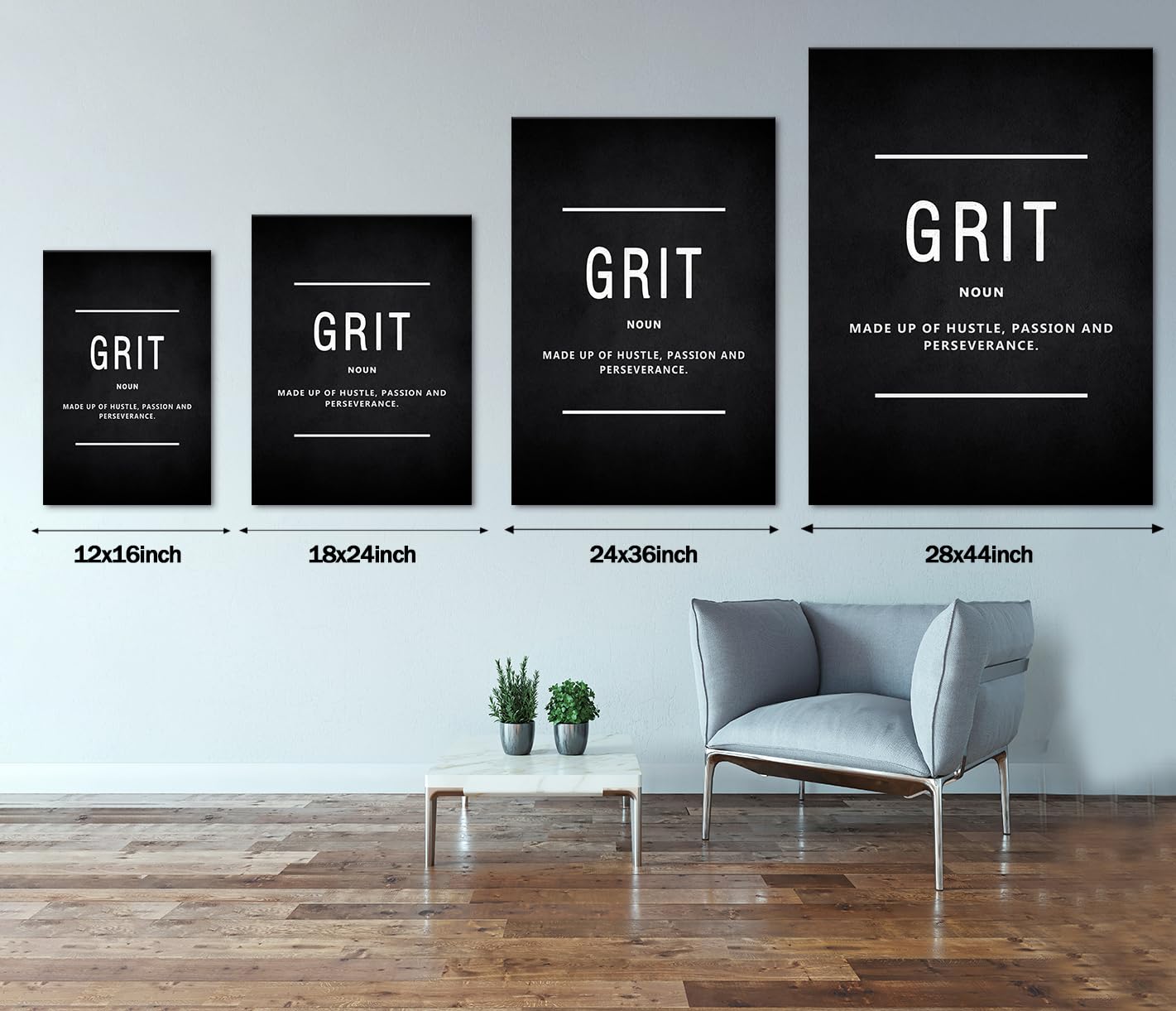 Modern Inspirational Wall Art - Motivational Canvas Prints with Wooden Frame, Grit Noun Quotes for Office & Home Decor - Perfect for Living Room, Bedroom, or Workspace - Easy to Hang (18”W x 24”H) - Ideal for Boosting Productivity & Creating Positive Vibes