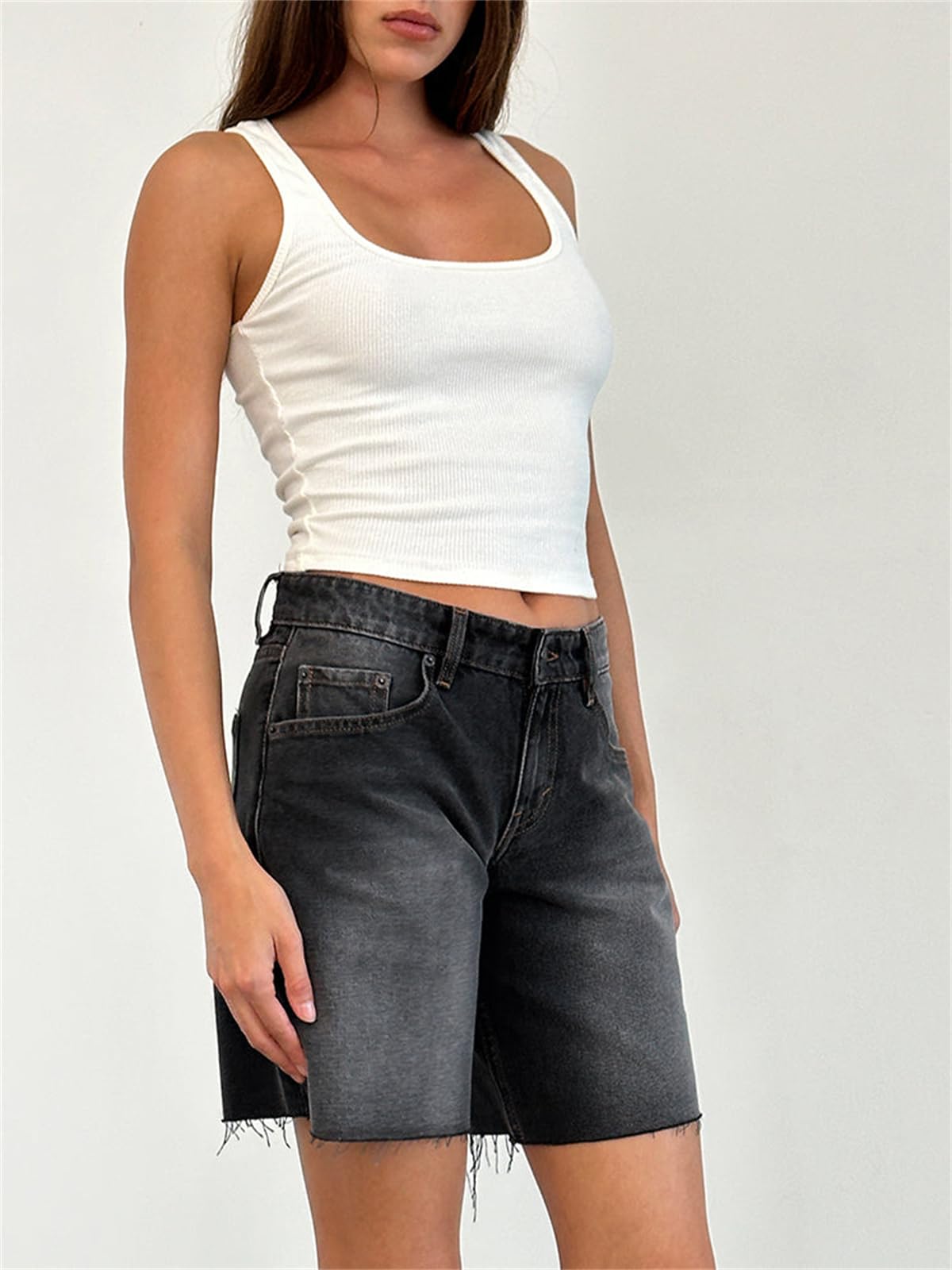 Women's High Waisted Straight Leg Denim Shorts - Raw Hem Frayed Jean Shorts for Summer | Y2K Fashion, Mid Thigh Length Jorts for Casual Wear, Beach & Street Style