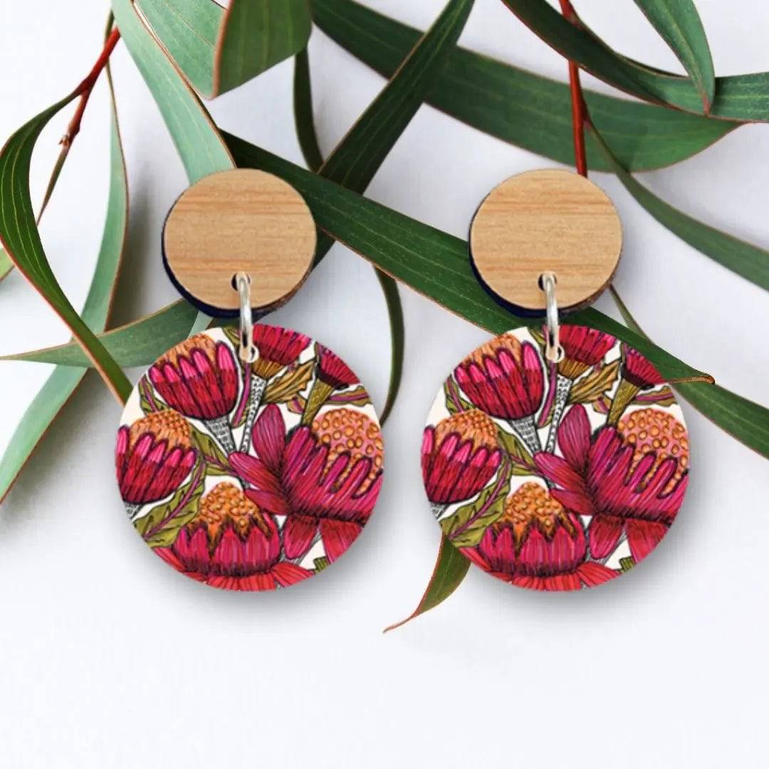 Handmade Australian Waratah Flower Wooden Earrings - Unique Boho Dangle Earrings for Women - Perfect for Festivals, Weddings & Everyday Wear