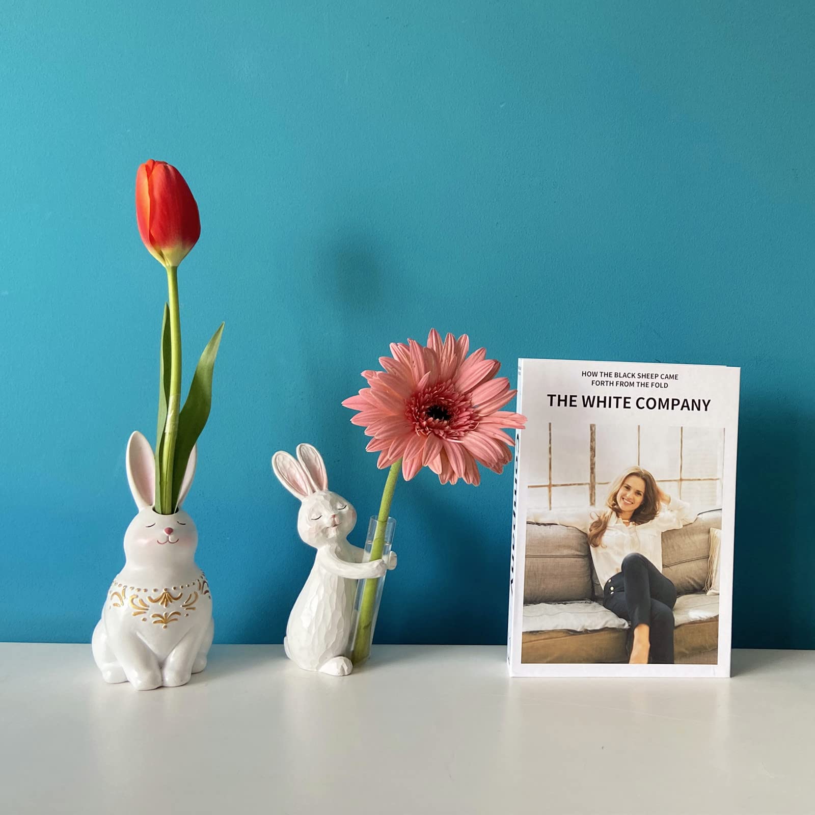 Easter Rabbit Figurine Flower Vase - Hand-Painted Resin Sculpture for Home Decor, Housewarming Gift, Birthday Present - Pearl White | Perfect for Spring Decor, Easter Centerpiece, and Cozy Living Room Accents