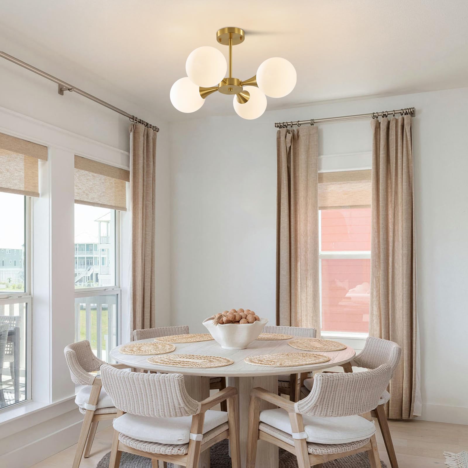 Modern Gold Semi Flush Mount Sputnik Chandelier - 4-Light Mid Century Ceiling Lamp with Frosted Glass Globes - Perfect for Living Room, Dining Room & Bedroom Lighting