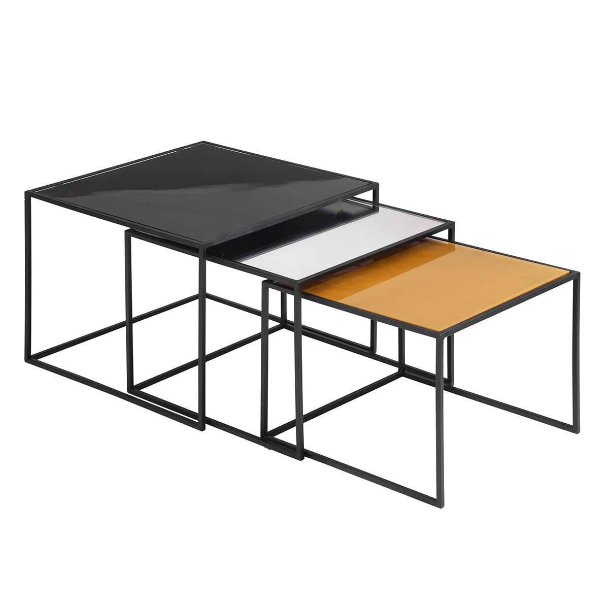 3-Piece Black Steel Tube Nesting Coffee Table Set with Mirror Top - Perfect for Living Room, Bedroom, or Office Side/End Tables