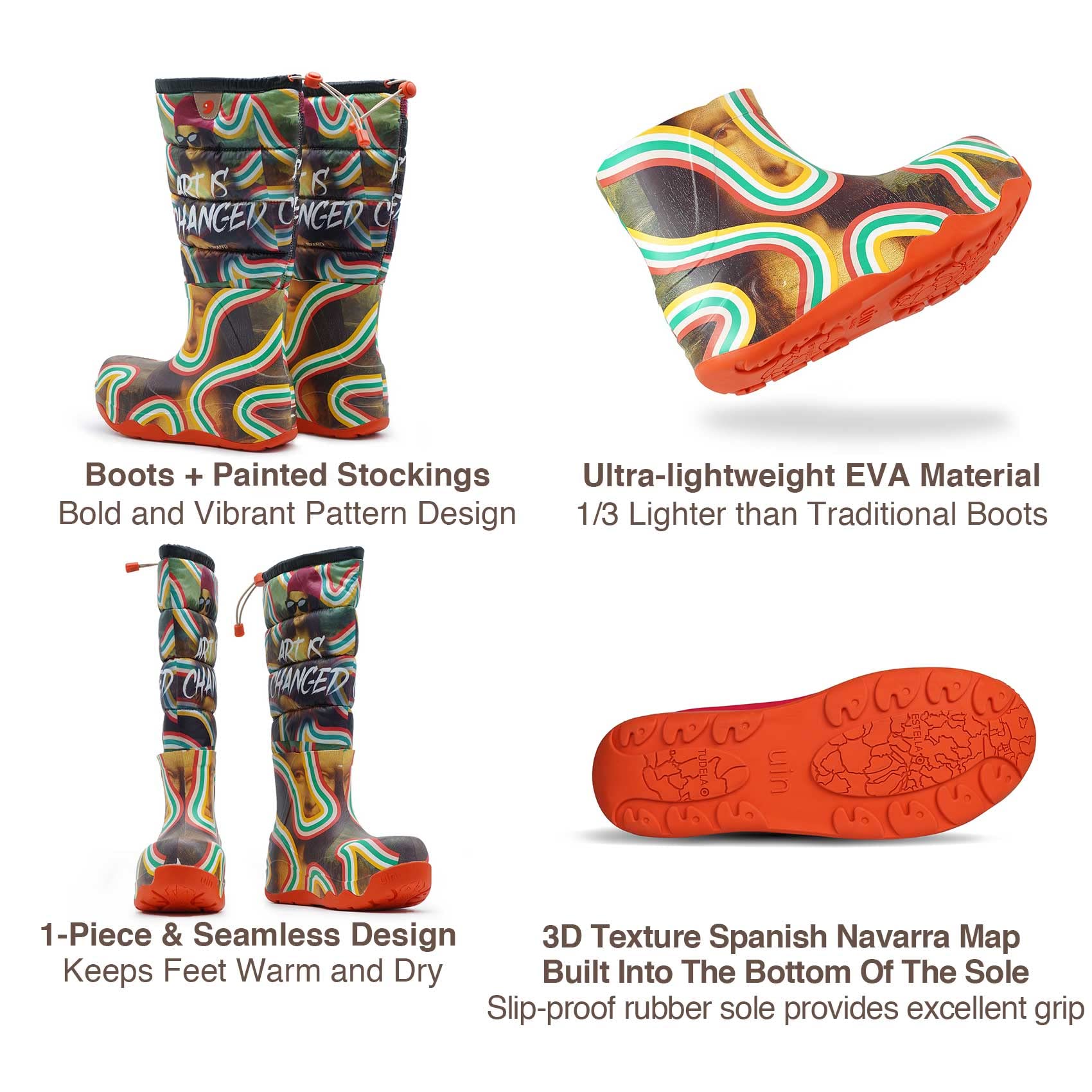 UIN Women's Winter Fashion Snow Boots - Waterproof Knee High Boots with Artistic Color Painting, Comfortable Casual Walking Shoes for Snowy Days, Outdoor Activities and Winter Travel