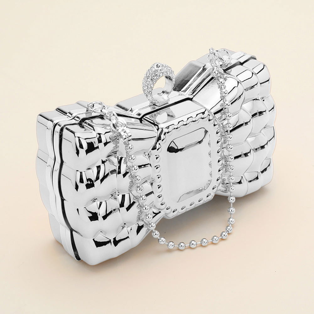 Elegant Silver Metallic Bow Clutch Evening Bag & Crossbody Purse for Women | Perfect for Weddings, Parties & Formal Events