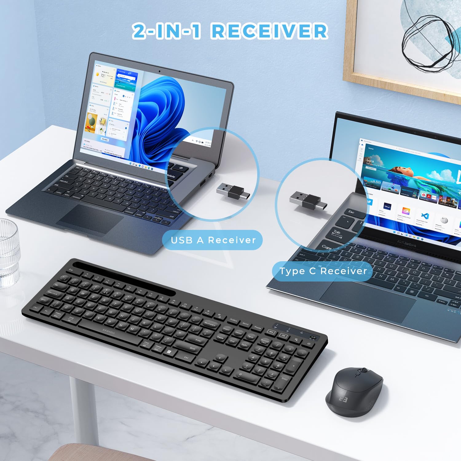 Wireless Keyboard Mouse Set with USB A/C for Macbook, PC, Laptop - Home & Office Use