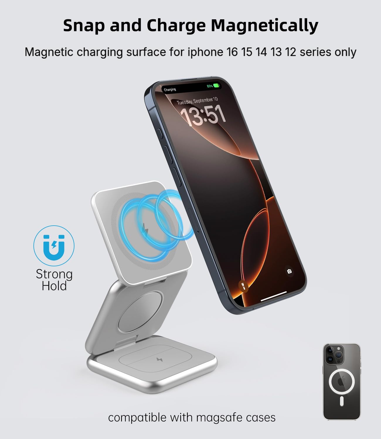 3-in-1 Foldable Magnetic Wireless Charging Station - 15W Fast Mag-Safe Charger for iPhone 14/13/12 Pro Max, AirPods 3/2/Pro & Apple Watch - Aluminum Alloy Stand with Adapter (Silver) | Perfect for Home, Office & Travel Charging