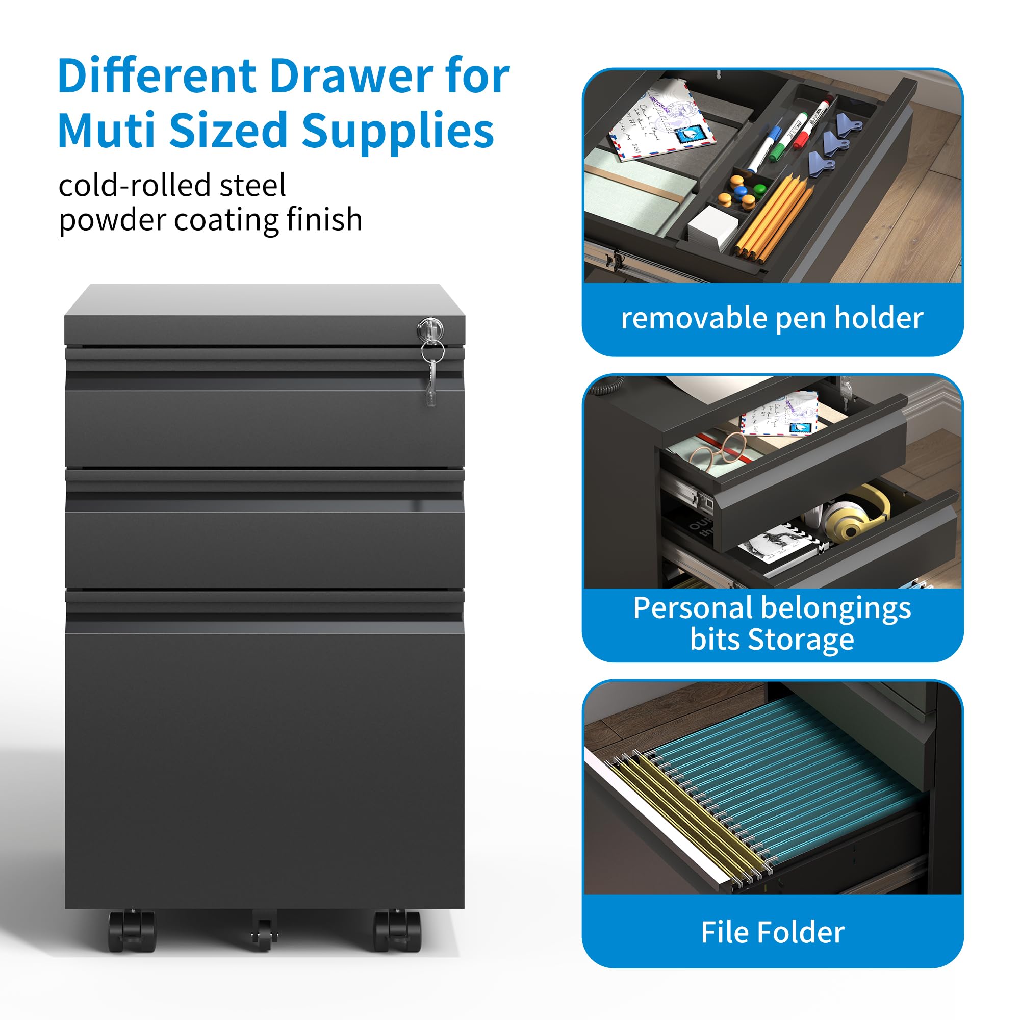 3 Drawer Mobile File Cabinet - Black Metal Under Desk Filing Cabinet with Wheels & Lock, Slim Vertical Office Organizer for Home & Business, Fully Assembled, Fits Letter/Legal/A4 Folders - Perfect for Small Spaces & Clutter-Free Workspaces - Ideal for Home Offices, Workstations & Compact Work Areas - Great for Document Storage, Office Organization & Space-Saving Solutions