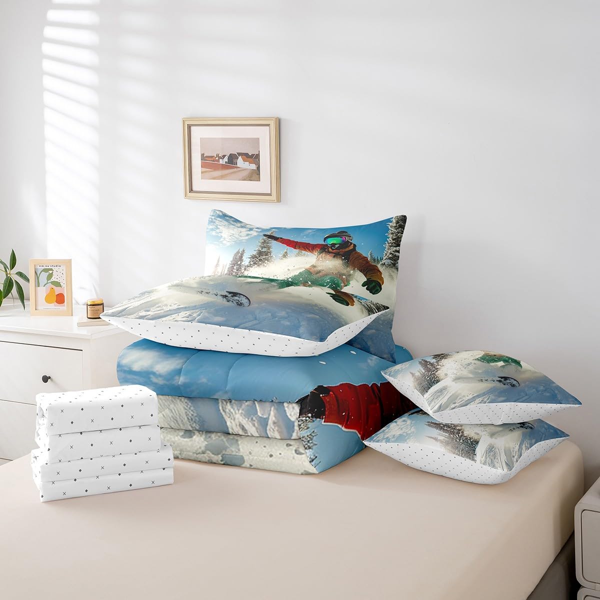 Feelyou Skiing 7-Piece Queen Bedding Set - Ski Sports Comforter Set with Sheets, Pillowcases & Pillow Covers - Ultra Soft Breathable Bedding for Winter Sports Enthusiasts - Perfect for Ski Lodges, Cabin Retreats & Cozy Bedrooms