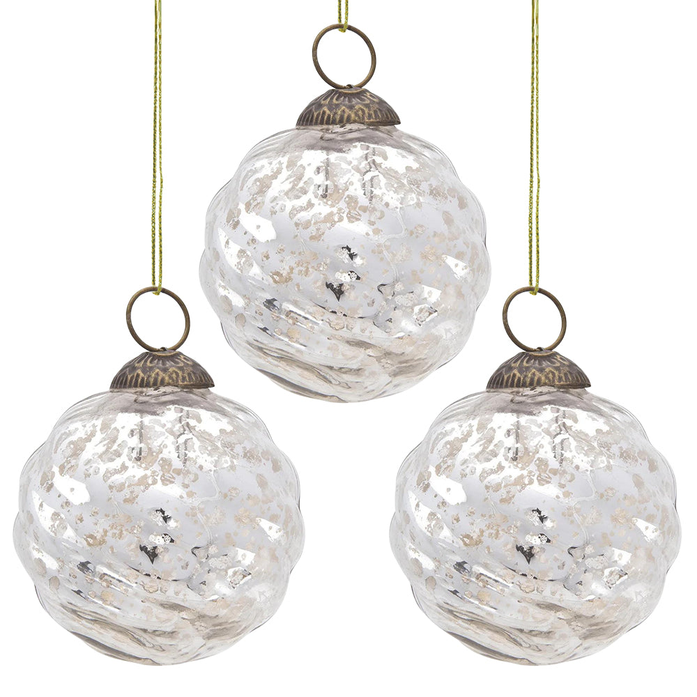 3 Pack Silver Solene Mercury Glass Swirled Ball Ornaments - Elegant Christmas Tree Decorations for Holiday Home & Party Decor