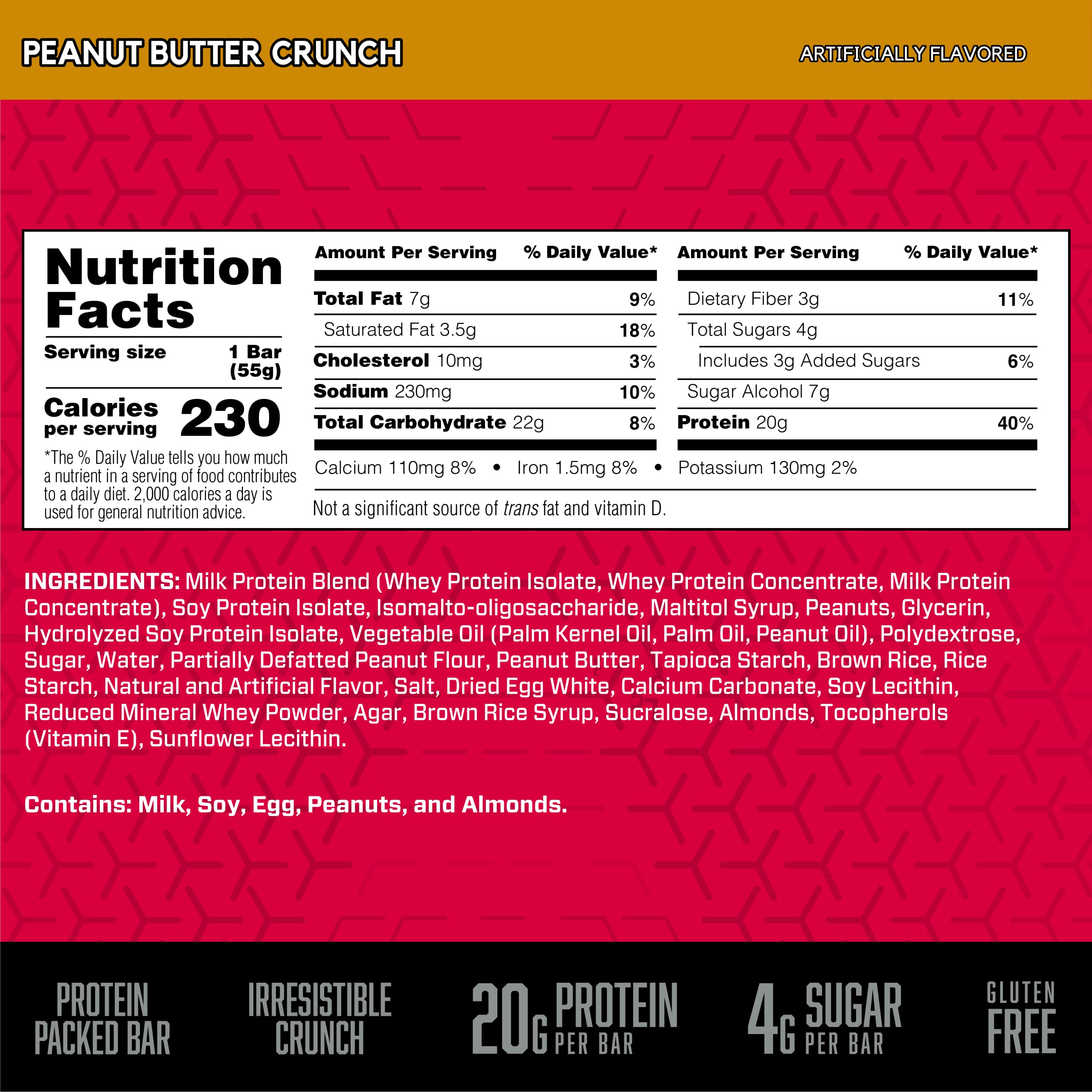 BSN Protein Crisp Bar - High Protein Snack Bars with Whey Protein & Fiber, Gluten Free Peanut Butter Crunch (12 Count) - Perfect for Post-Workout Recovery & On-the-Go Nutrition