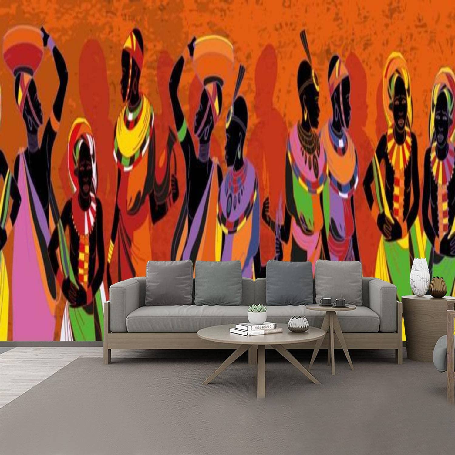 Self-Adhesive PVC Wallpaper - African Women Silhouettes in National Costumes, Peel & Stick Removable Wall Mural (69''x98'') for Living Room, Bedroom & Office Decor