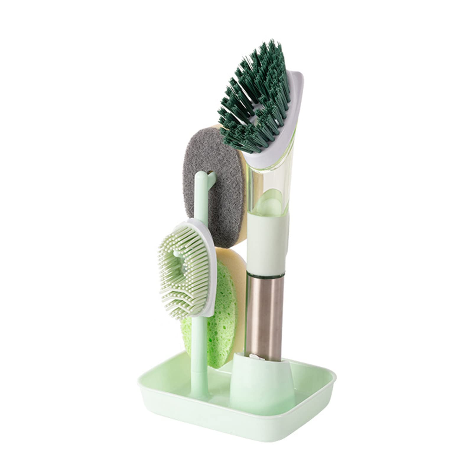 Eco-Friendly Dish Brush with Soap Dispenser & Sponge Refills - Non-Abrasive Kitchen Cleaning Set with Ergonomic Grip for Pots, Pans, Glassware & Household Sinks (Green) - Perfect for Daily Dishwashing & Tough Grease Removal