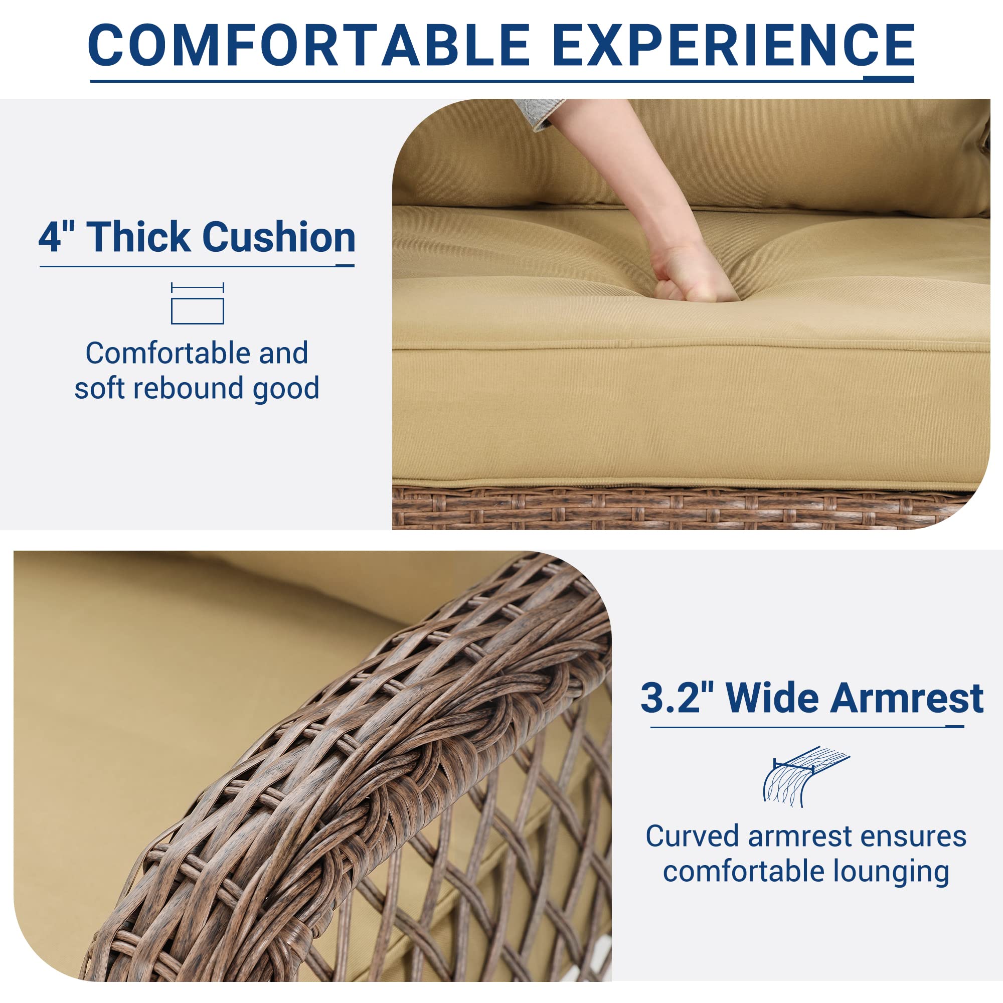 UDPATIO 3-Piece Wicker Patio Rocking Chair Set with Thick Cushions - 2 Outdoor Rockers & Side Table - Brown/Khaki - Perfect for Backyard, Porch, Balcony, Poolside Relaxation & Entertaining